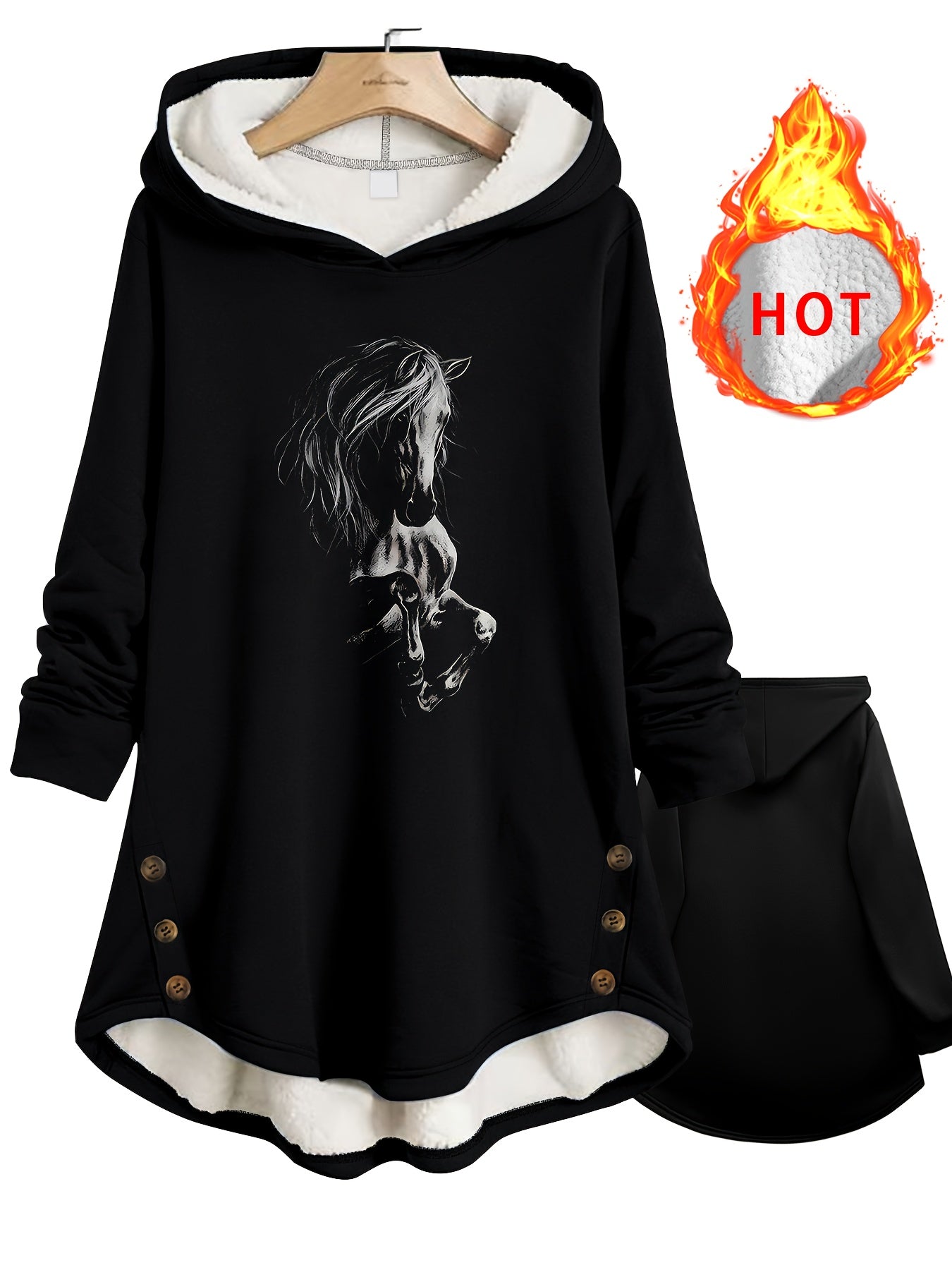 Women'S Cozy Black Hooded Sweatshirt with Horse Print - Warm Fleece-Lined Hood, Button Details, Drawstring, Perfect for Fall & Winter, Casual Style, Casual Wear Hoodie|Horse Print Hoodie|Fleece Lined Hoodie