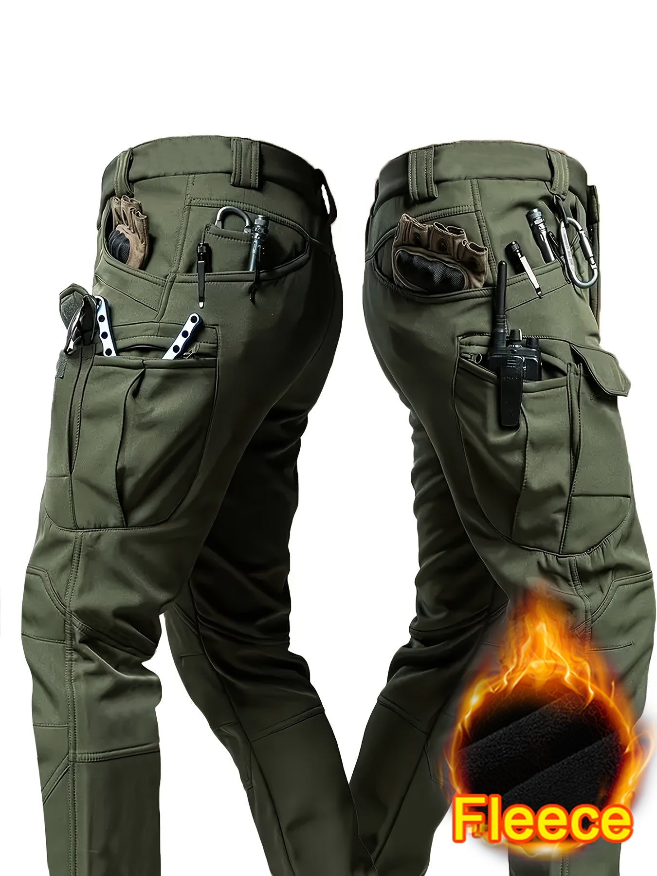 1pc Men's Fleece-Lined Warm Tactical Cargo Pants, Winter Thickened Style with Multiple Front and Back Zippers & Side Slanting Flap Patches for Outdoor Hiking/Fishing, Cold Weather Clothing, Fishing Pants, Rugged Design, Tacti