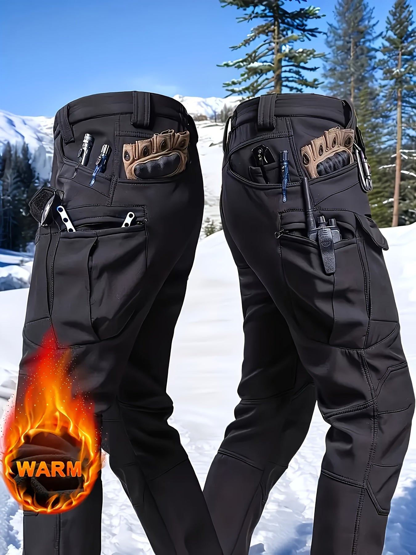 1pc Men's Fleece-Lined Warm Tactical Cargo Pants, Winter Thickened Style with Multiple Front and Back Zippers & Side Slanting Flap Patches for Outdoor Hiking/Fishing, Cold Weather Clothing, Fishing Pants, Rugged Design, Tacti