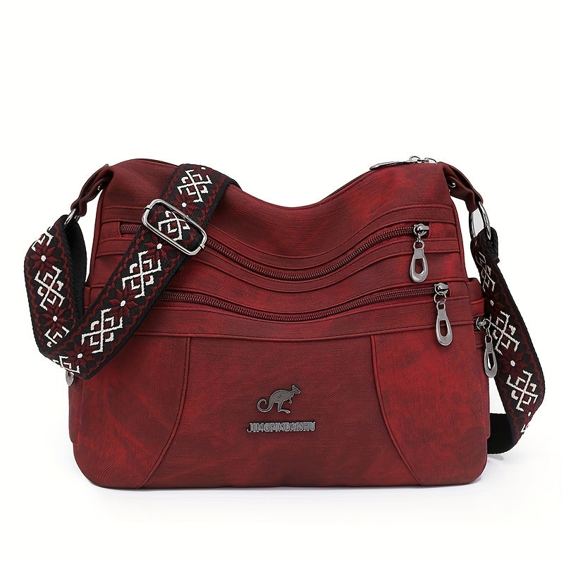 Vintage Style Women'S Shoulder Bag with Adjustable Strap, Multiple Zip Compartments, Synthetic Faux Leather, Polyester Lined - Available in Khaki, Black, Blue, Dark Green, Occasion Theme with Occasion Closure