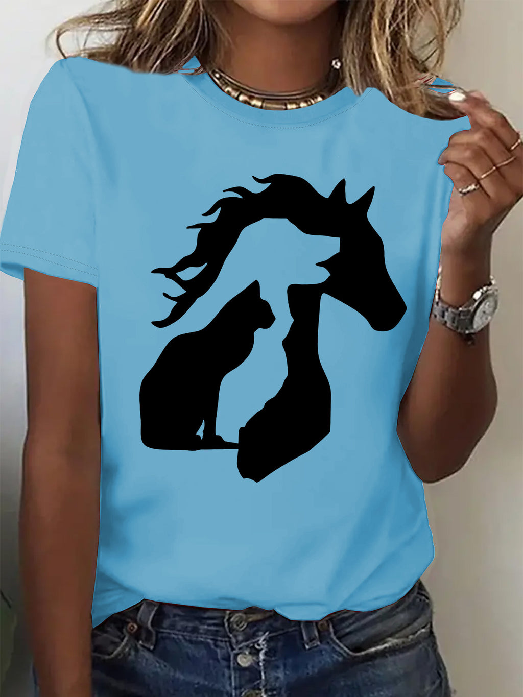 Women'S Casual Crew Neck T-Shirt with Unique Horse and Cat Silhouette Graphic, Short Sleeve Polyester Tee for Casual Attire, Allseason Top | Trendy Casual Style | Comfortable Fi