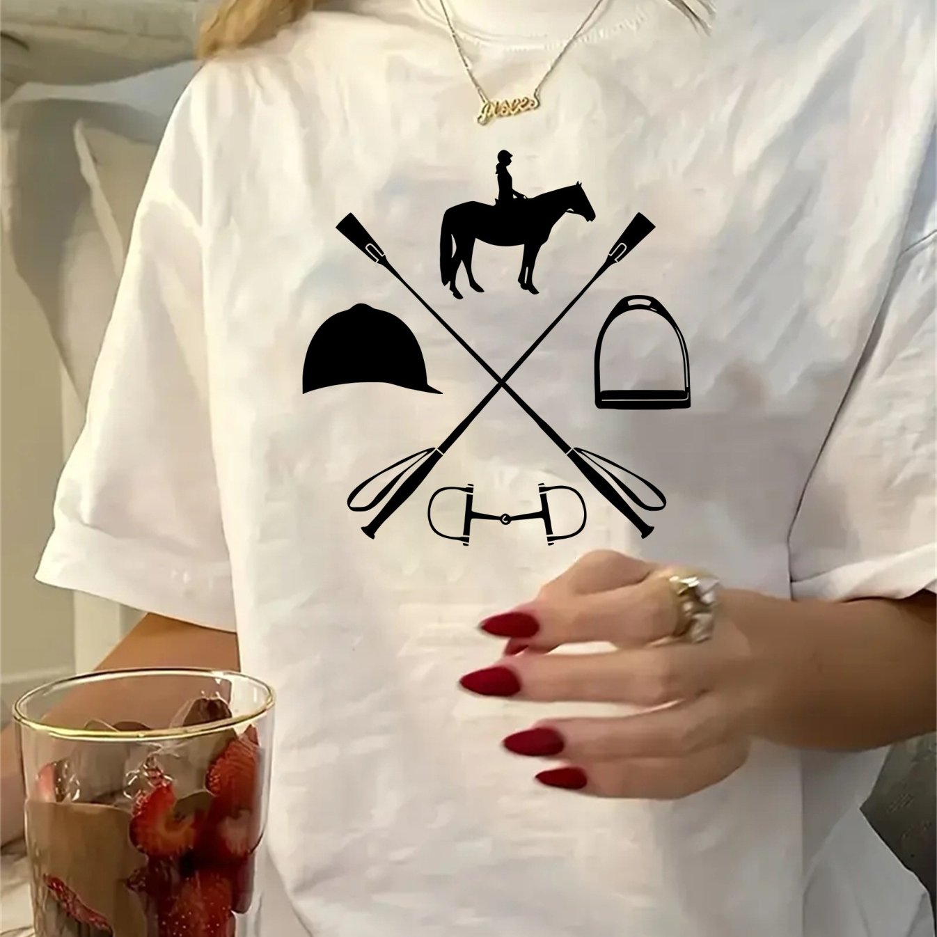 Women's Equestrian & Geometric Print Short Sleeve Crew Neck T-Shirt - Vibrant Red with Black Horseback Riding Design, Breathable Machine-Washable Casual Top for Summer, Spring & All-Season Wear, Horse Shirt, Summer Fashion, S