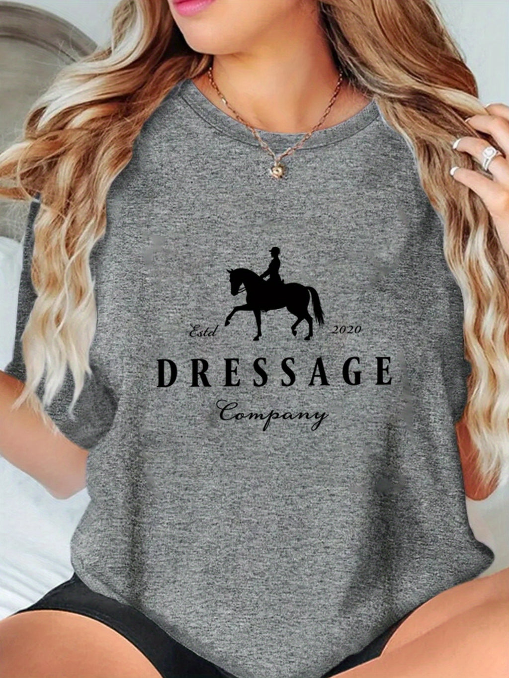 Women'S Elegant Dressage Graphic T-Shirt - White Tee with Black Dressage Text, Soft Breathable Polyester Blend Shirt for Equestrian Events, Casual Attire & Casual Outfits - All-Season Women'S Top, Horse T Shirt, Outdoor Activ