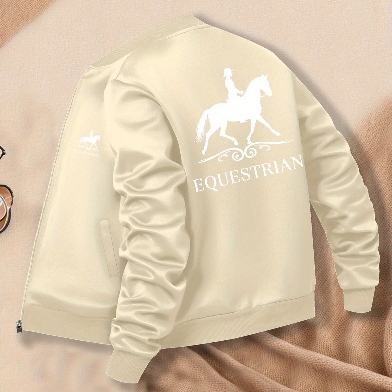 Women's Equestrian Print Casual Jacket - All-Season Comfort with Baseball Collar & Zip-Up Design, Long Sleeve Machine-Washable Coat with Pockets for Outdoor Activities, Equestrian Apparel, Durable Zipper Closure