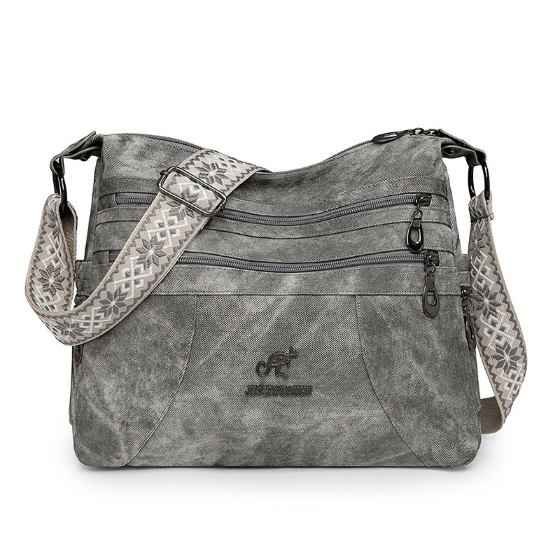 Vintage Style Women'S Shoulder Bag with Adjustable Strap, Multiple Zip Compartments, Synthetic Faux Leather, Polyester Lined - Available in Khaki, Black, Blue, Dark Green, Occasion Theme with Occasion Closure