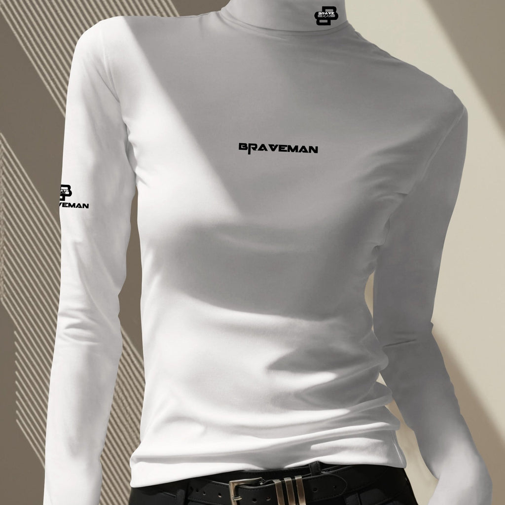 Women's Thermal Turtleneck Sweater Shirt - Long Sleeve White Base with Black Collar & B-Fit Logo Print, Slim-Fit Winter Layering Top, Hand Washable Stretchy -like Texture for Office, Casual & Cold Weather (No Bulk)