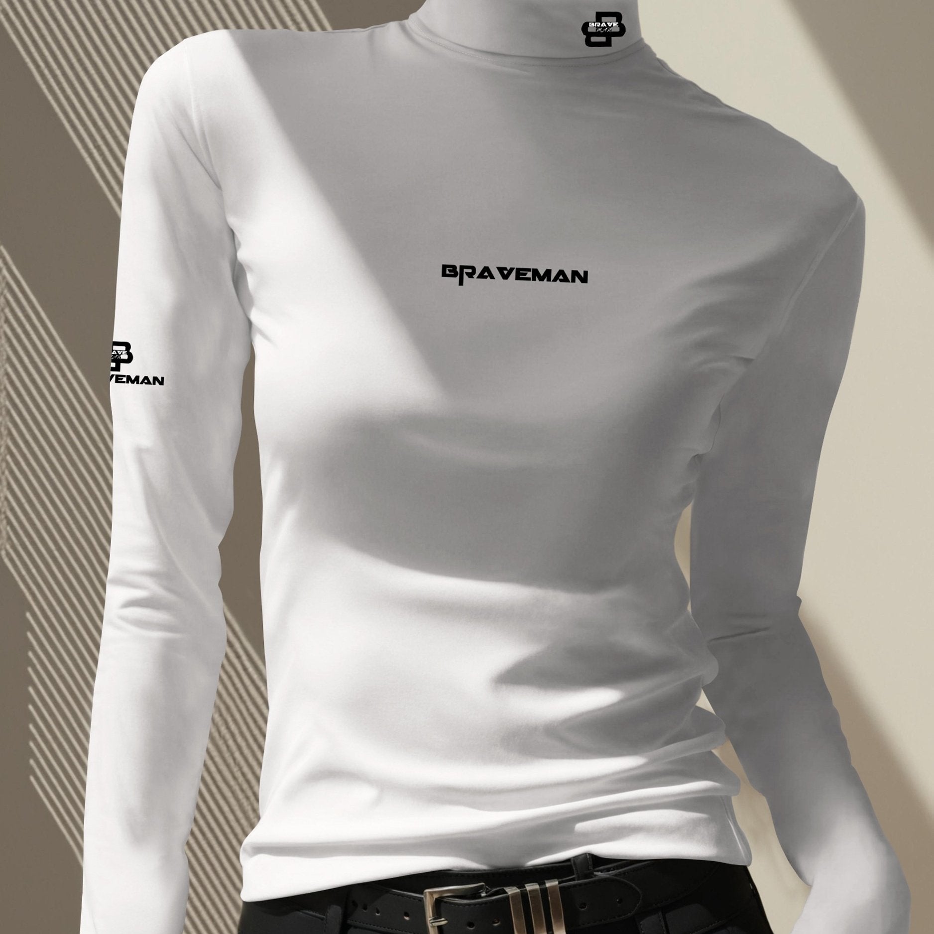 Women's Thermal Turtleneck Sweater Shirt - Long Sleeve White Base with Black Collar & B-Fit Logo Print, Slim-Fit Winter Layering Top, Hand Washable Stretchy -like Texture for Office, Casual & Cold Weather (No Bulk)