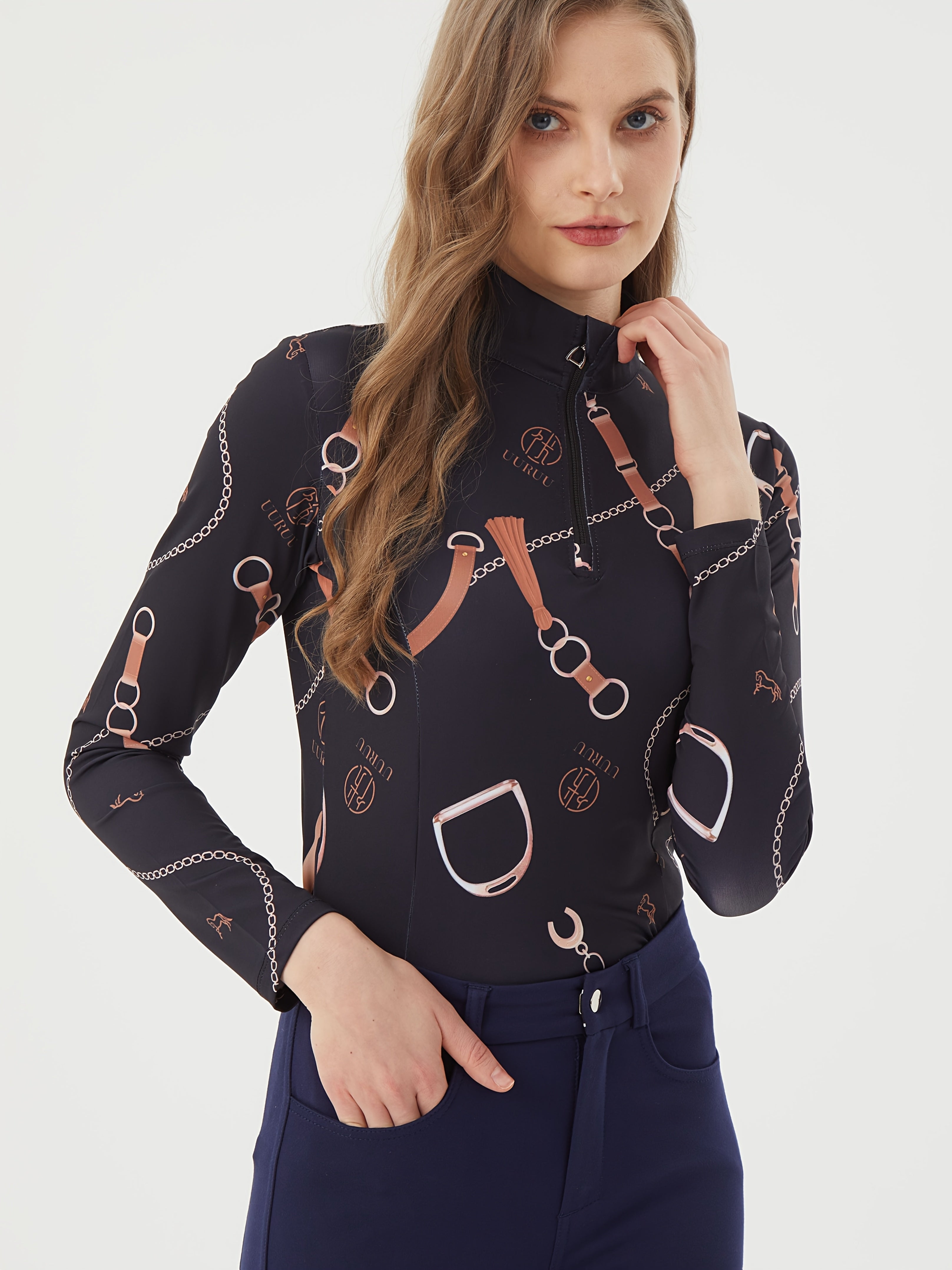 Printed Women's Long Sleeve Equestrian Top, High Stretch Slim Fit Riding Apparel with Contrast Colors and Stand Collar for Horse Competitions - May Have White Stains from Printing