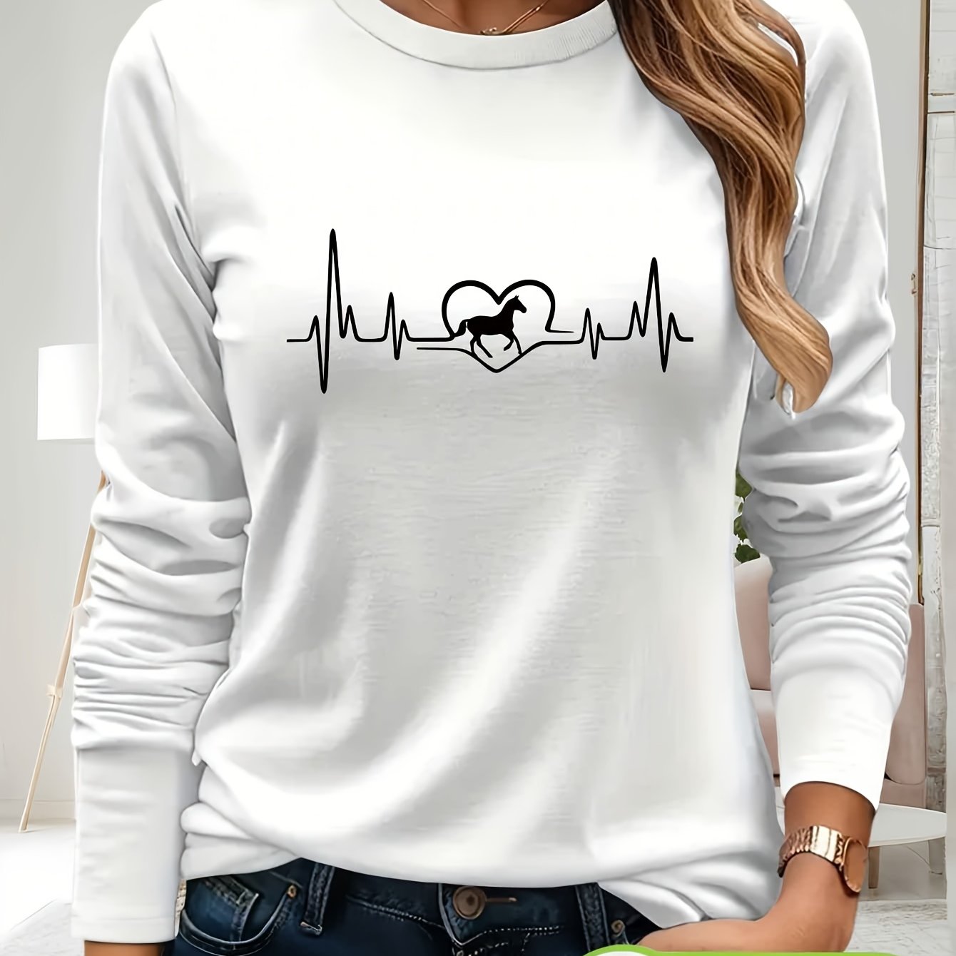 Women's 100% Cotton Long Sleeve T-Shirt - Heartbeat & Galloping Horse Graphic Print, Light Yellow Casual Round Neck Top for Spring/Summer, Machine Washable, Spring Summer Apparel, Unique Graphic Tee, Breathable Fabric, Spring