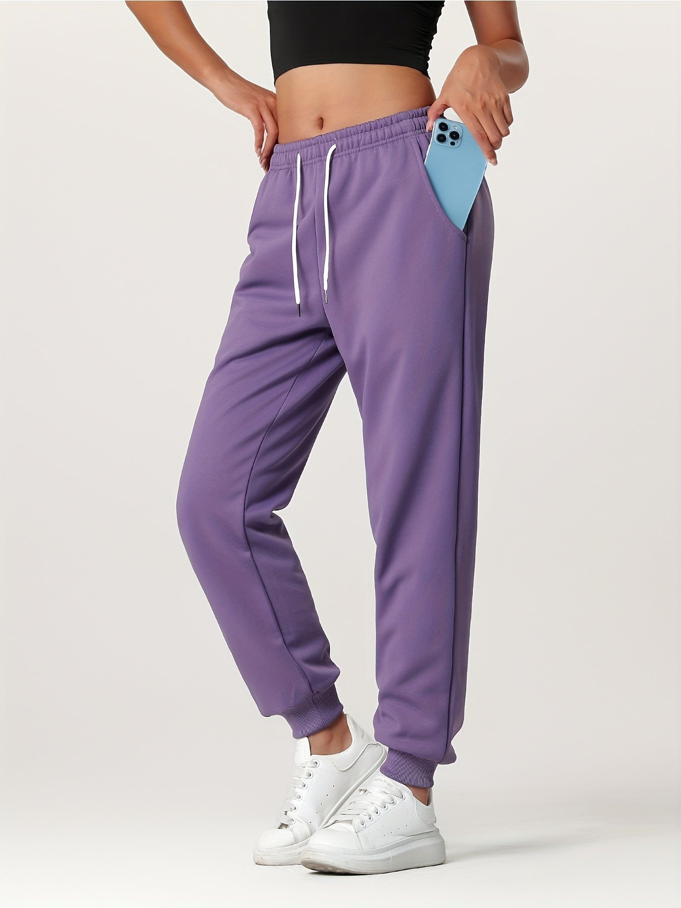 1pc Autumn Winter Women's Long Pants, Fleece-Lined Warm Casual Sports Trousers with Elastic Drawstring Waist, Slant Pockets, Windproof Thermal Cuffed Pants for Winter Daily Home Outing Hiking Leisure Wear