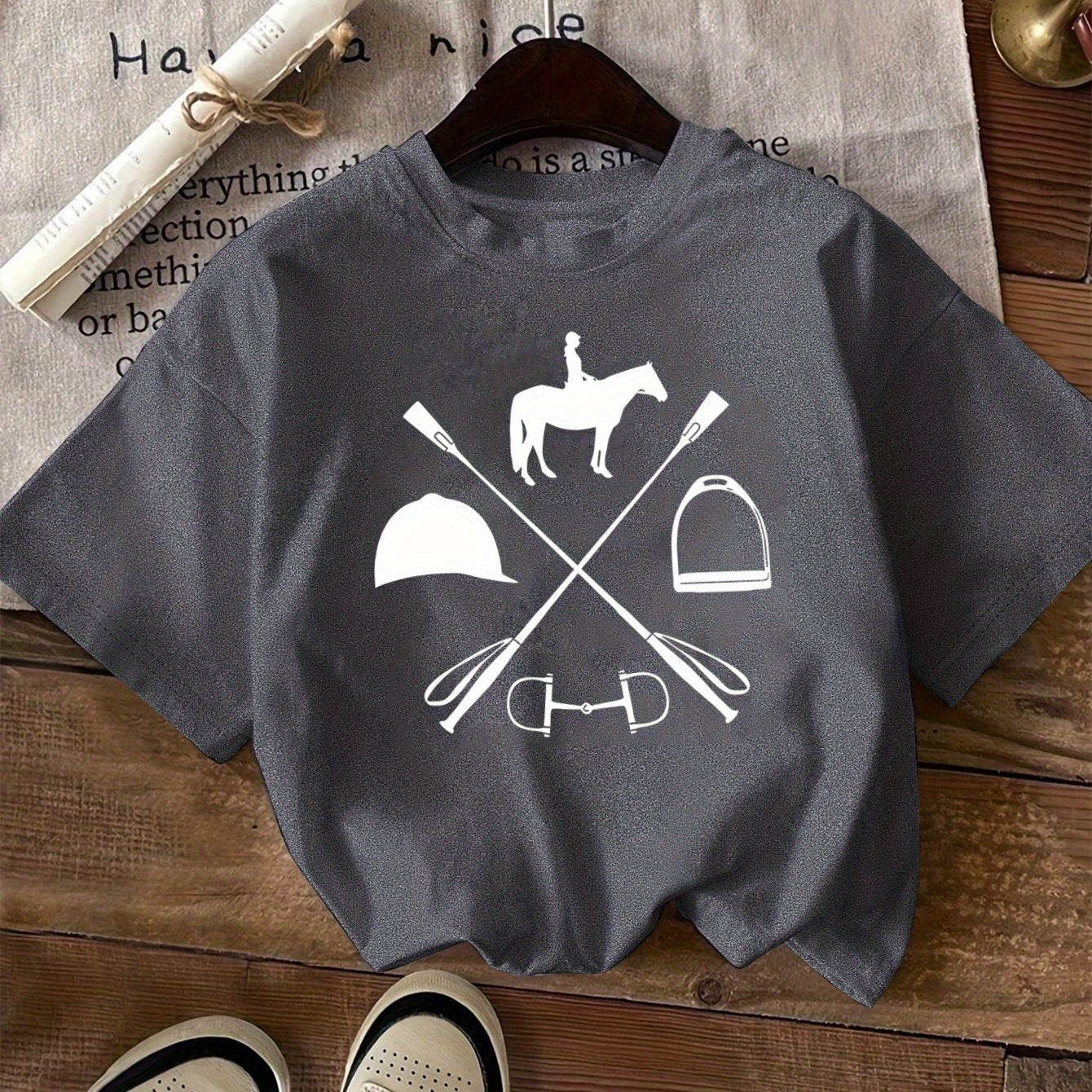 Women's Equestrian & Geometric Print Short Sleeve Crew Neck T-Shirt - Vibrant Red with Black Horseback Riding Design, Breathable Machine-Washable Casual Top for Summer, Spring & All-Season Wear, Horse Shirt, Summer Fashion, S