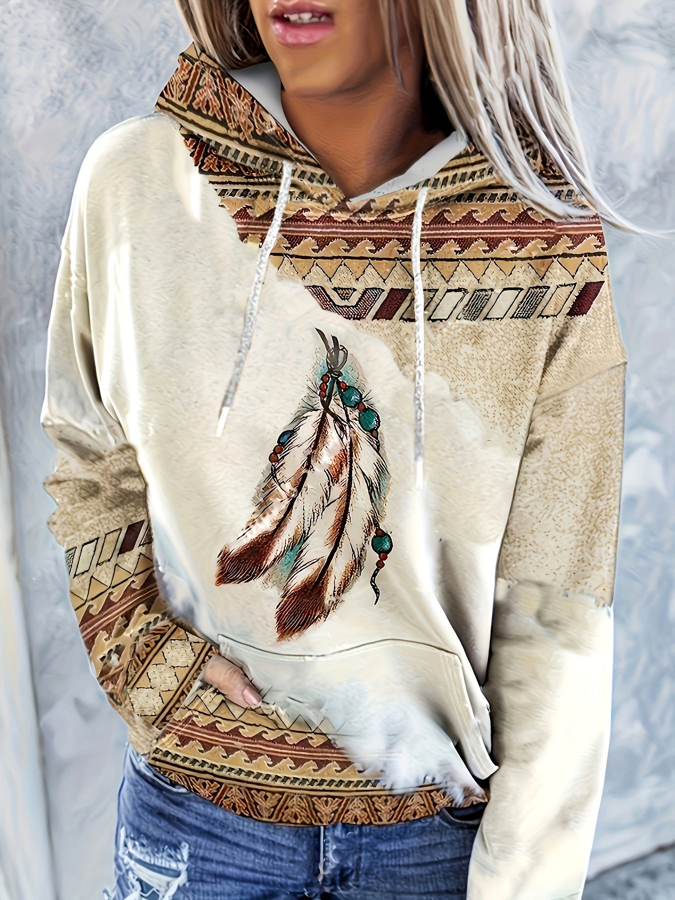 Women's Western Bohemian Hooded Pullover Sweatshirt - Retro Geometric Print with Turquoise Accents, Adjustable Drawstring Hood, Machine Washable Casual Top for All Seasons, Versatile Clothing | Detailed Motif