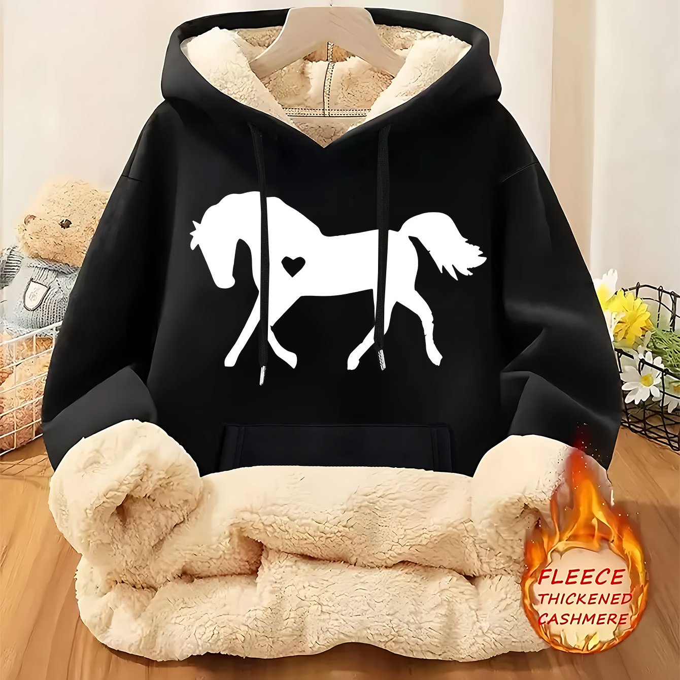 Women's Horse Print Hoodie Jacket - Pocket & Adjustable Hood, Cozy Winter Warm Pullover, Casual Long Sleeve Sizes XS-XXL (Machine Washable) - Fall & Winter Outerwear for Horseback Riding & Casual Attire