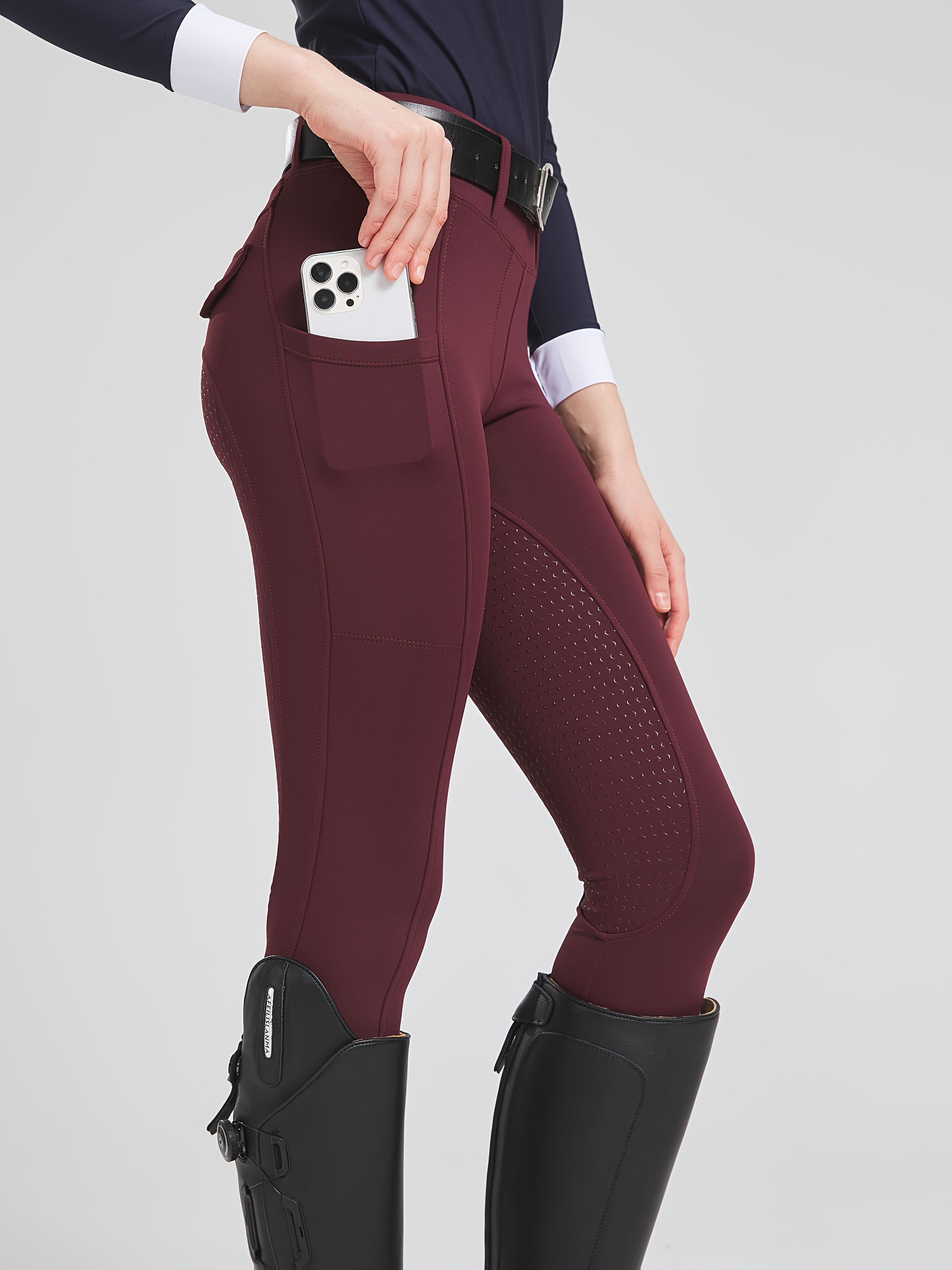 High-Elasticity Brushed Fabric Equestrian Pants with Silicone Grip, All-Season Horse Riding Tights with Pockets, Breathable and Durable