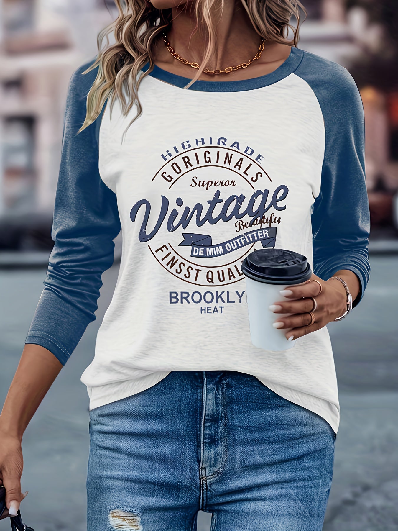 Women's Casual Long Sleeve Crew Neck T-Shirt - Vintage Brooklyn Letter Print, Heather Gray & Beige Color Block, Machine Washable Spring/Fall Top