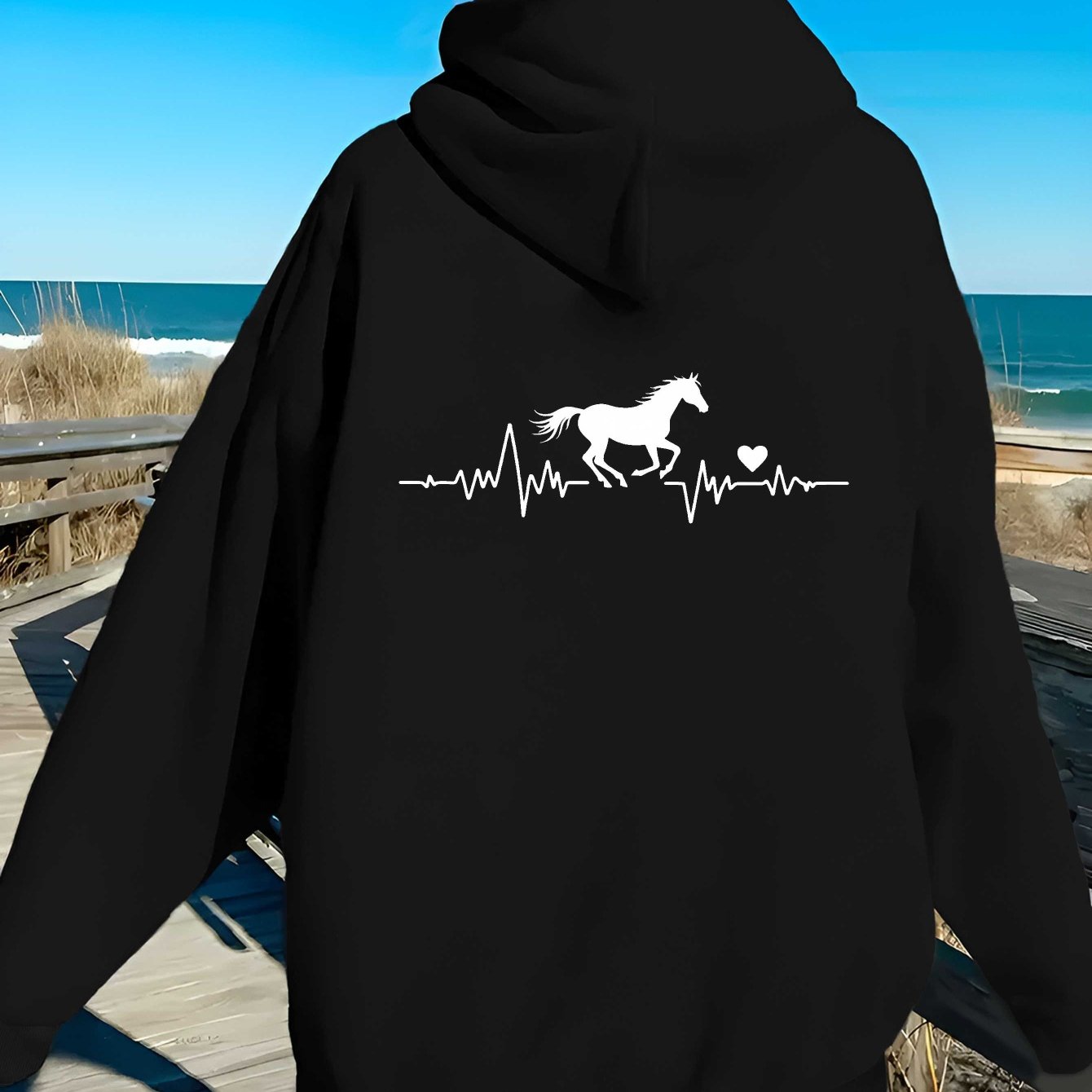 teediy Women'S Horse Heartbeat Minimalist Line Hooded Sweatshirt - Elegant Horse & Heartbeat Design, Long Sleeve Casual Pullover with Pockets