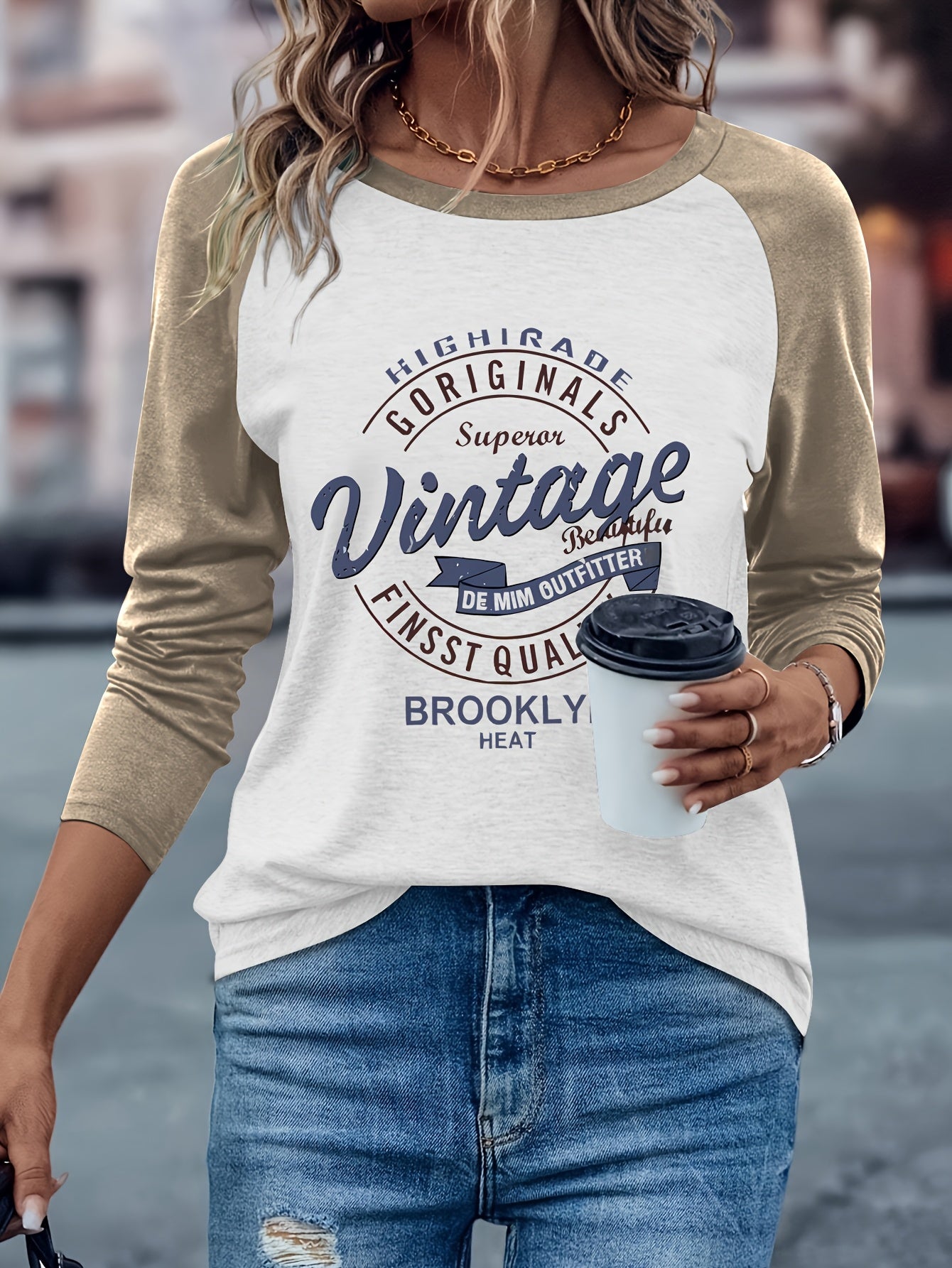 Women's Casual Long Sleeve Crew Neck T-Shirt - Vintage Brooklyn Letter Print, Heather Gray & Beige Color Block, Machine Washable Spring/Fall Top