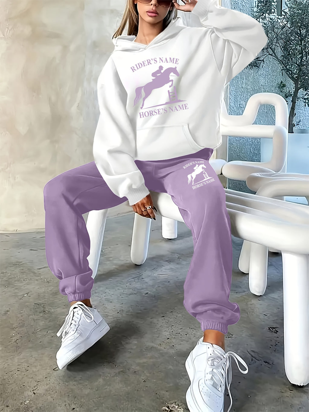 2025 Autumn/Winter New Arrival, Rider and Horse Pattern, Casual Letter Print Loose Warm Long Sleeve Hooded Sweatshirt and Drawstring Pants Women'S Two-Piece Set, Winter Clothing, Casual Wear, Trendy Outfit, Hooded Sweatshirt,