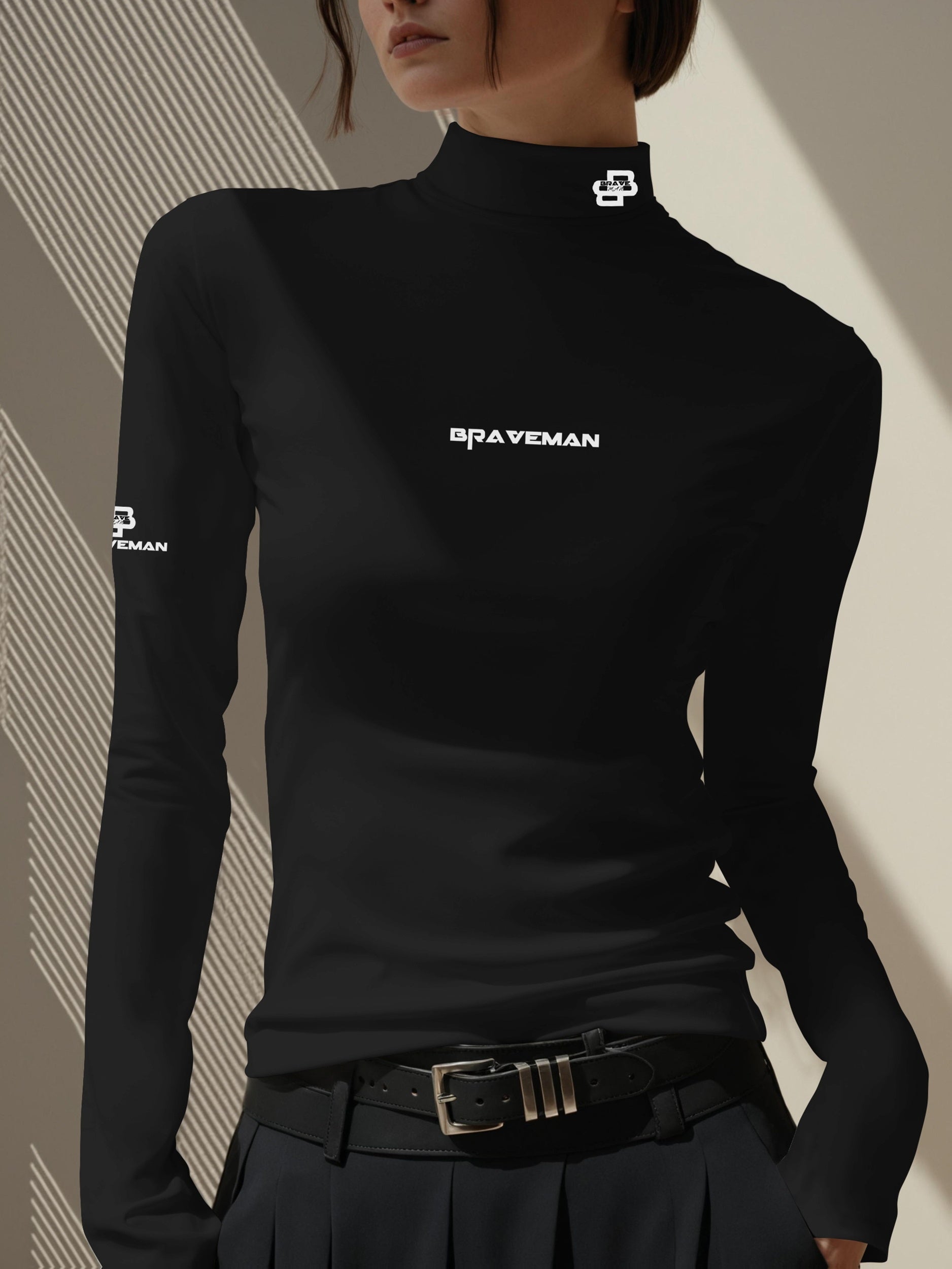 Women's Thermal Turtleneck Sweater Shirt - Long Sleeve White Base with Black Collar & B-Fit Logo Print, Slim-Fit Winter Layering Top, Hand Washable Stretchy -like Texture for Office, Casual & Cold Weather (No Bulk)
