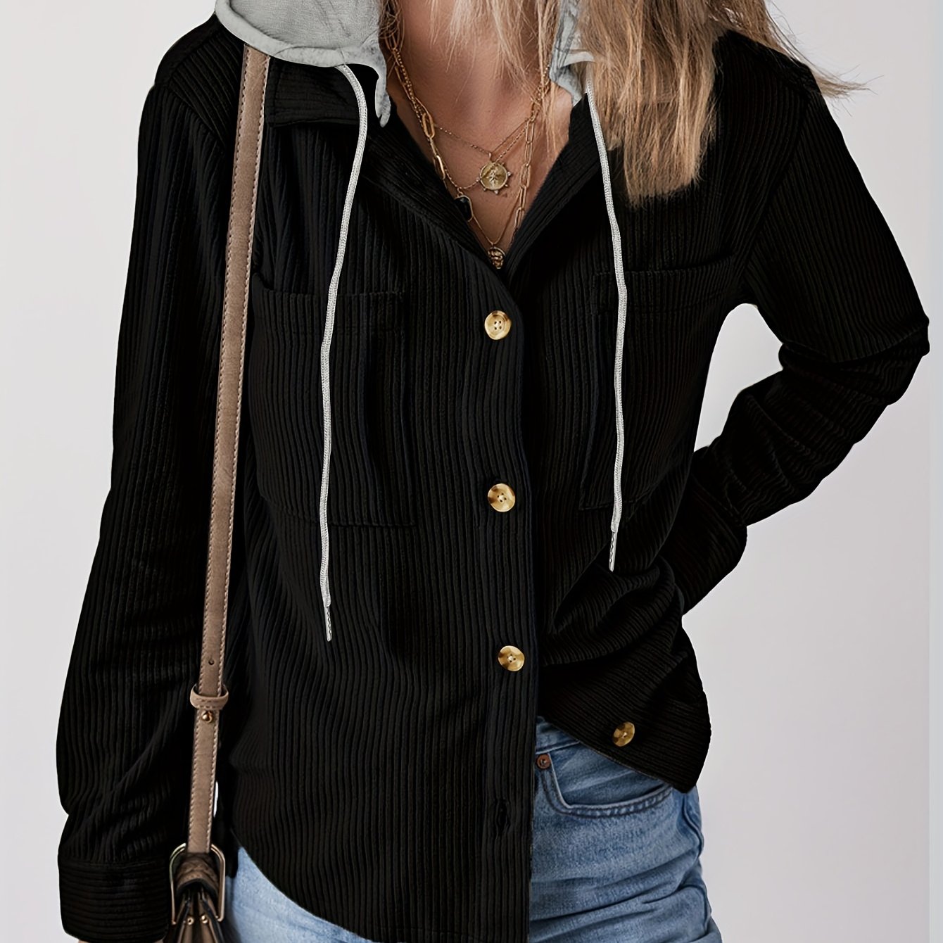 Women'S Casual Long Sleeve Hooded Jacket - Solid Color Black, Button-Up Front, Cozy Fall/Winter Outerwear with Drawstring Hood, Buttoned Cuffs, and Chest Pockets, Casual Wear Hoodie | Minimalist Fashion | Functional Pockets