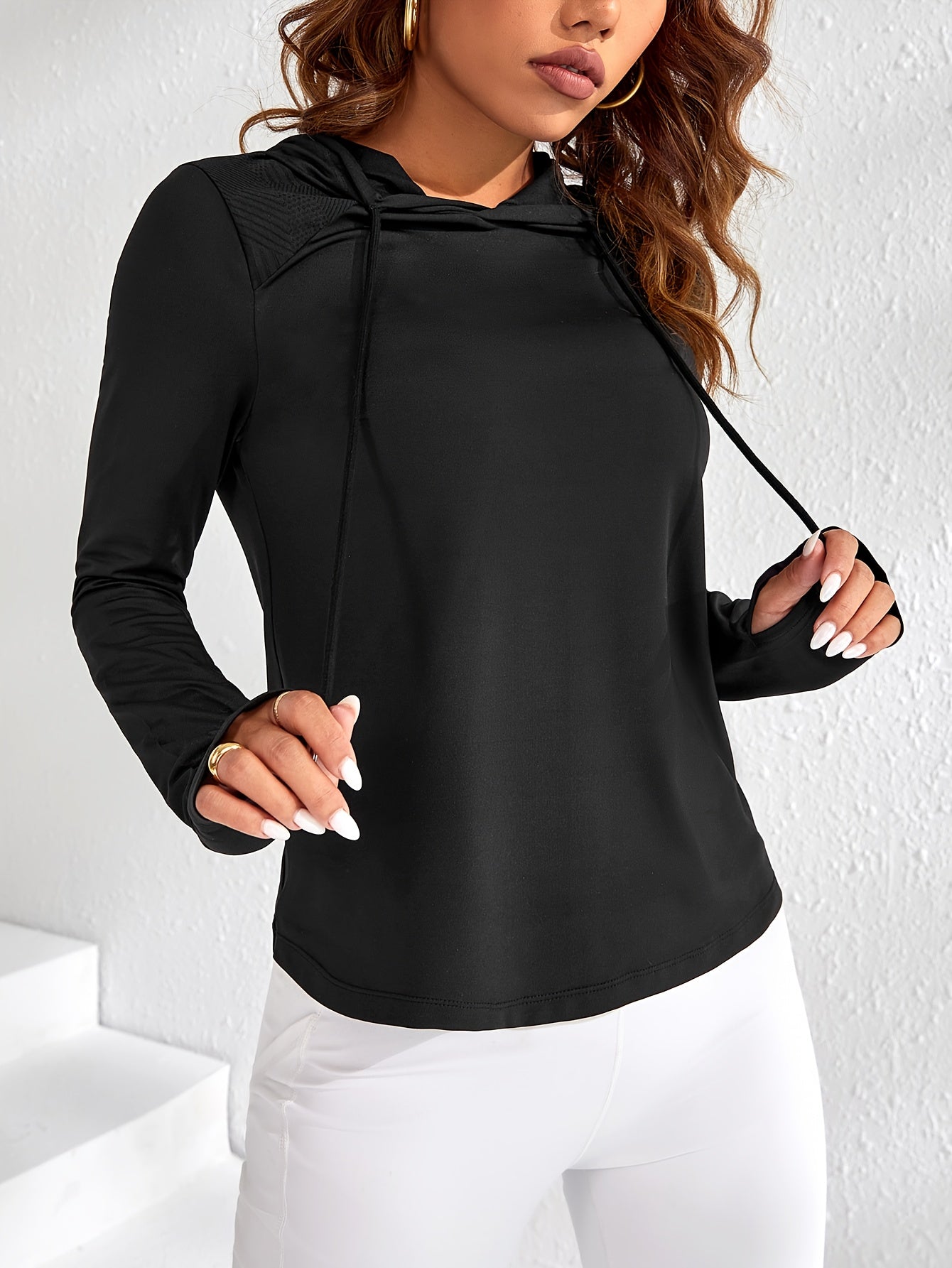 Women'S Light Solid Color Long Sleeve Hooded Sweatshirt - Stretchy Athletic Pullover with Drawstring Hood, All-Season Gym & Casual Wear