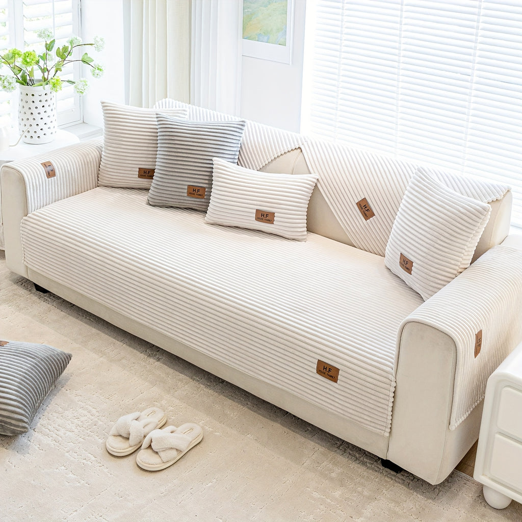 1pc HF Modern Plush Flannel Sofa Cushion Cover - Pet-Friendly Non-Slip Sofa Protector with Striped Design & Leather-Like Patches, Machine Washable Furniture Cover for 3/2/4-Seater, Living Room, Bedroom, Office Decor, Bedroom