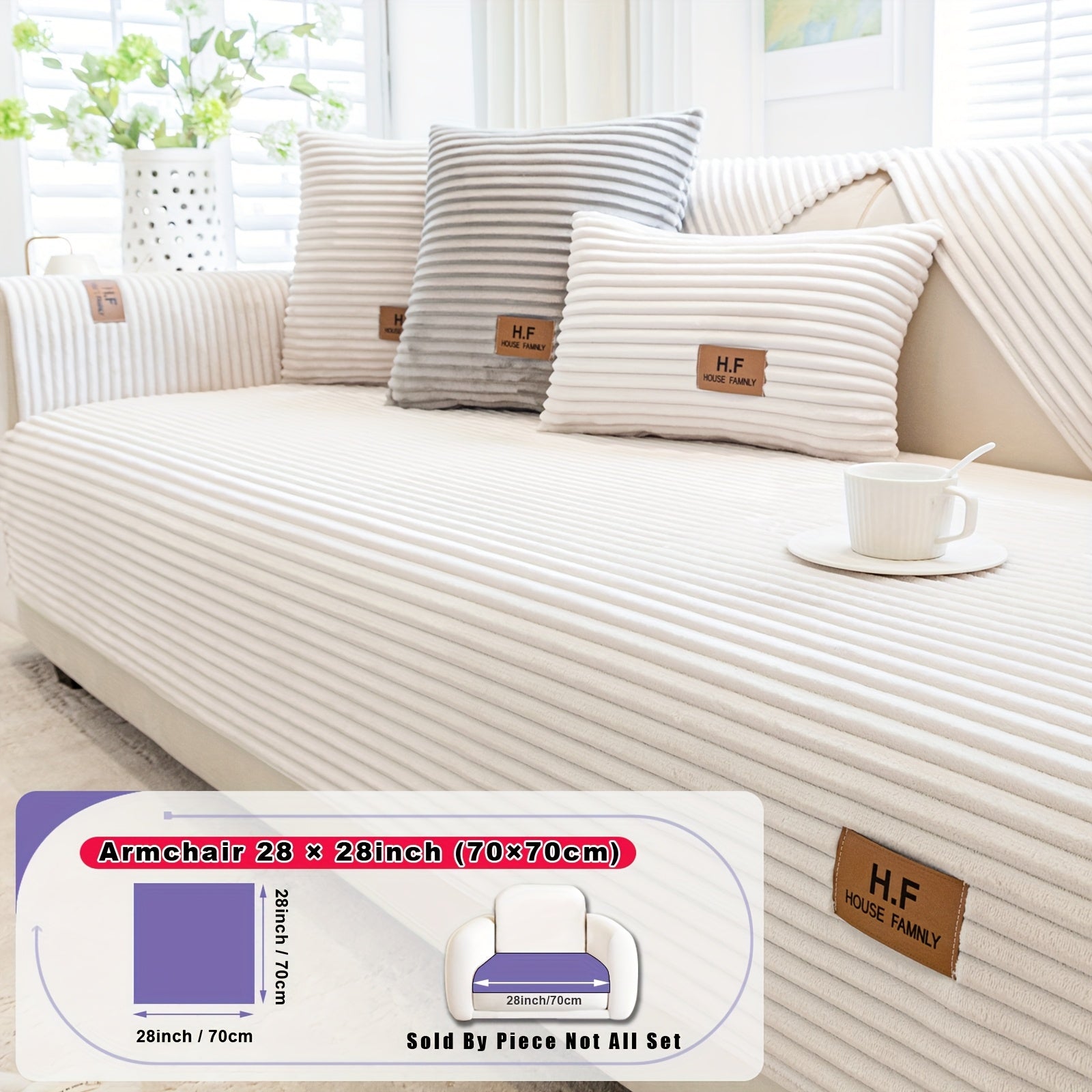 1pc HF Modern Plush Flannel Sofa Cushion Cover - Pet-Friendly Non-Slip Sofa Protector with Striped Design & Leather-Like Patches, Machine Washable Furniture Cover for 3/2/4-Seater, Living Room, Bedroom, Office Decor, Bedroom