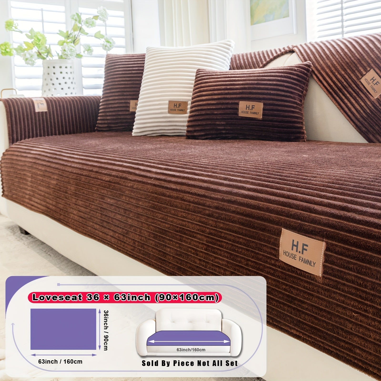 1pc HF Modern Plush Flannel Sofa Cushion Cover - Pet-Friendly Non-Slip Sofa Protector with Striped Design & Leather-Like Patches, Machine Washable Furniture Cover for 3/2/4-Seater, Living Room, Bedroom, Office Decor, Bedroom