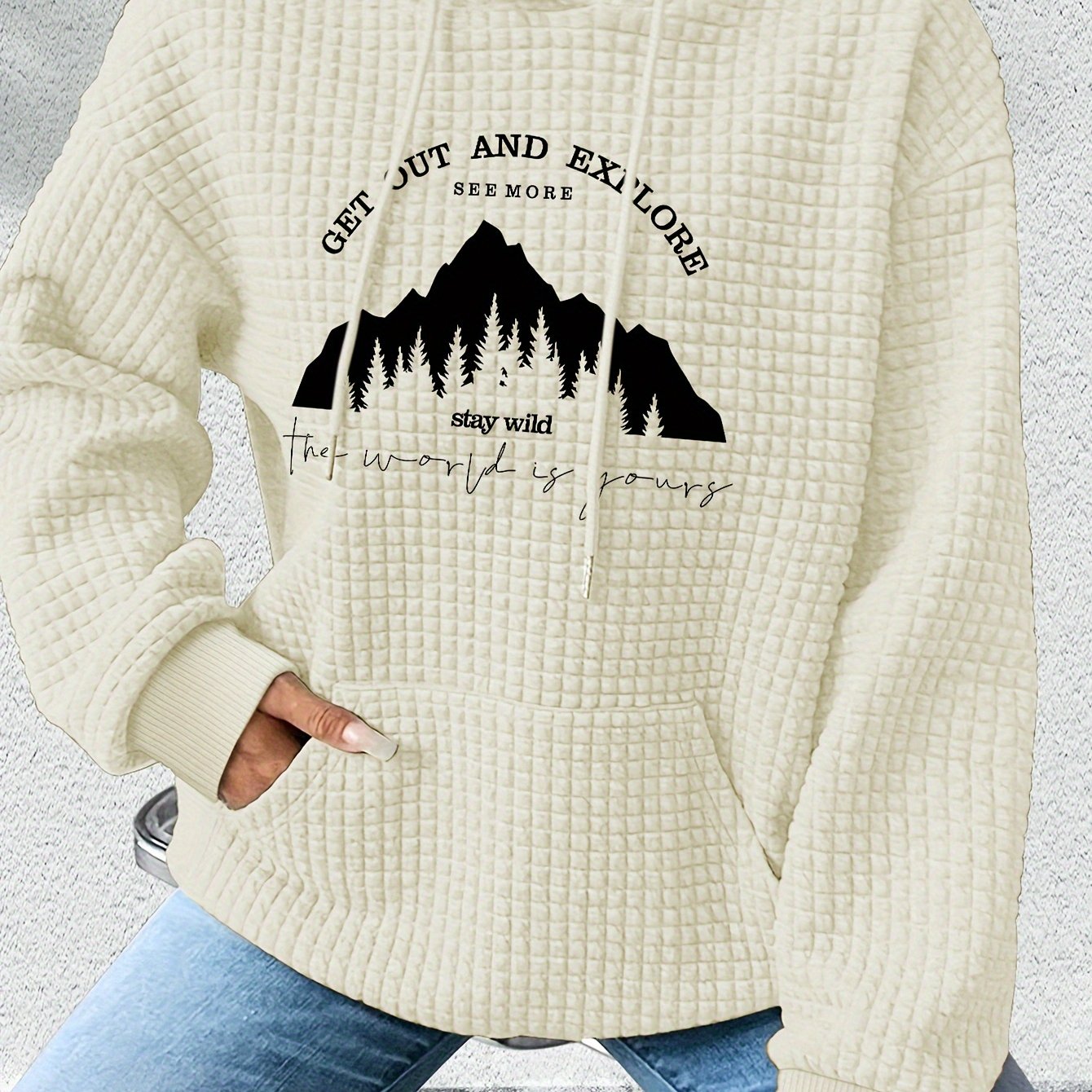 graphic print hoodie, drawstring casual hooded sweatshirt for winter & fall, Women's clothing, Loungewear, Winter Fashion, Urban Style, Geometric Pattern, Cozy Fabric, Quality Stitching, Unisex Style, Printed Hoodie, Women's