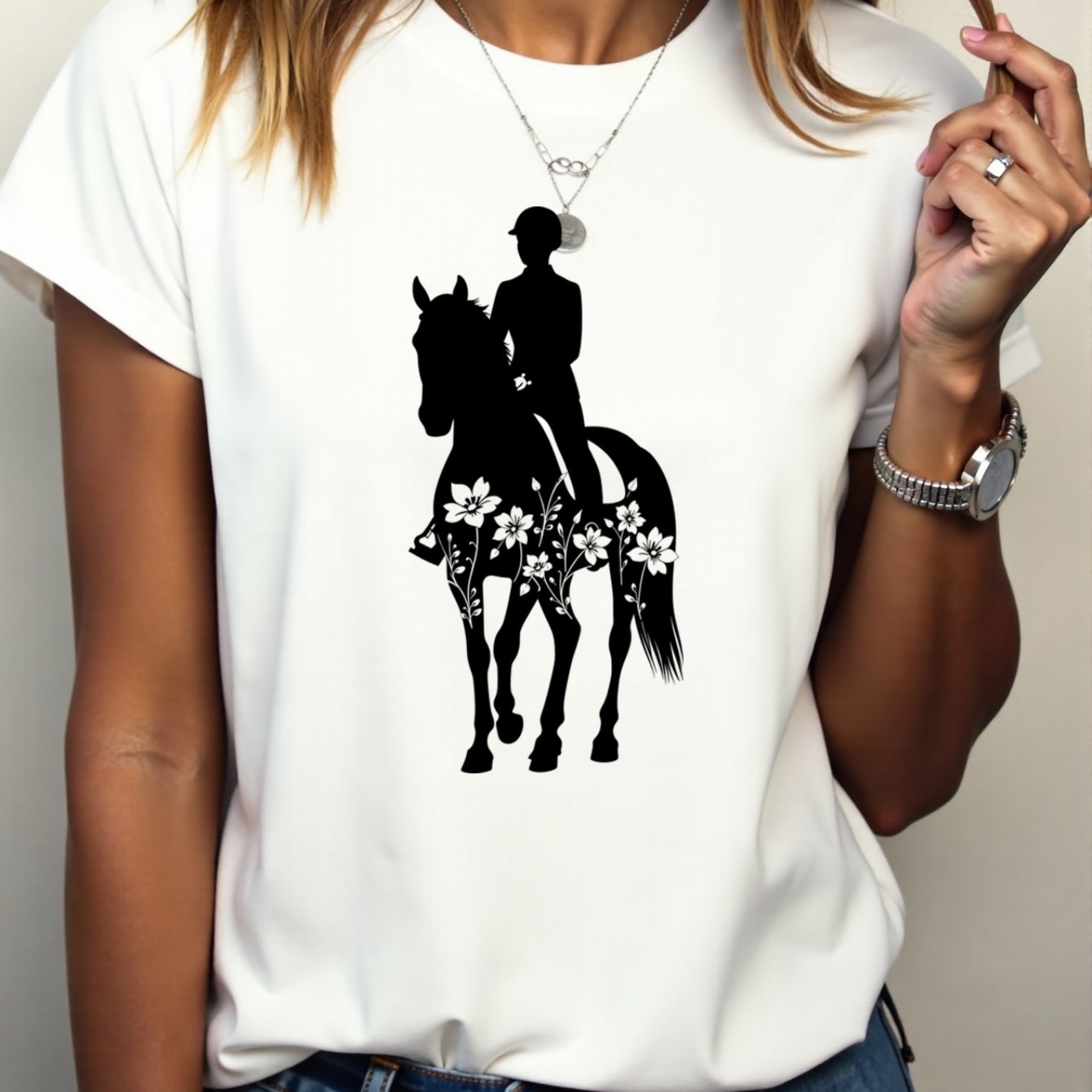 Women'S Equestrian Graphic Tee - Soft Breathable Quick-Dry Polyester Blend T-Shirt, Black with White Horseback Rider Design, All-Season Casual Shirt for Horseback Riding, Everyday Outfits & Themed Events - Easy Care Round Nec