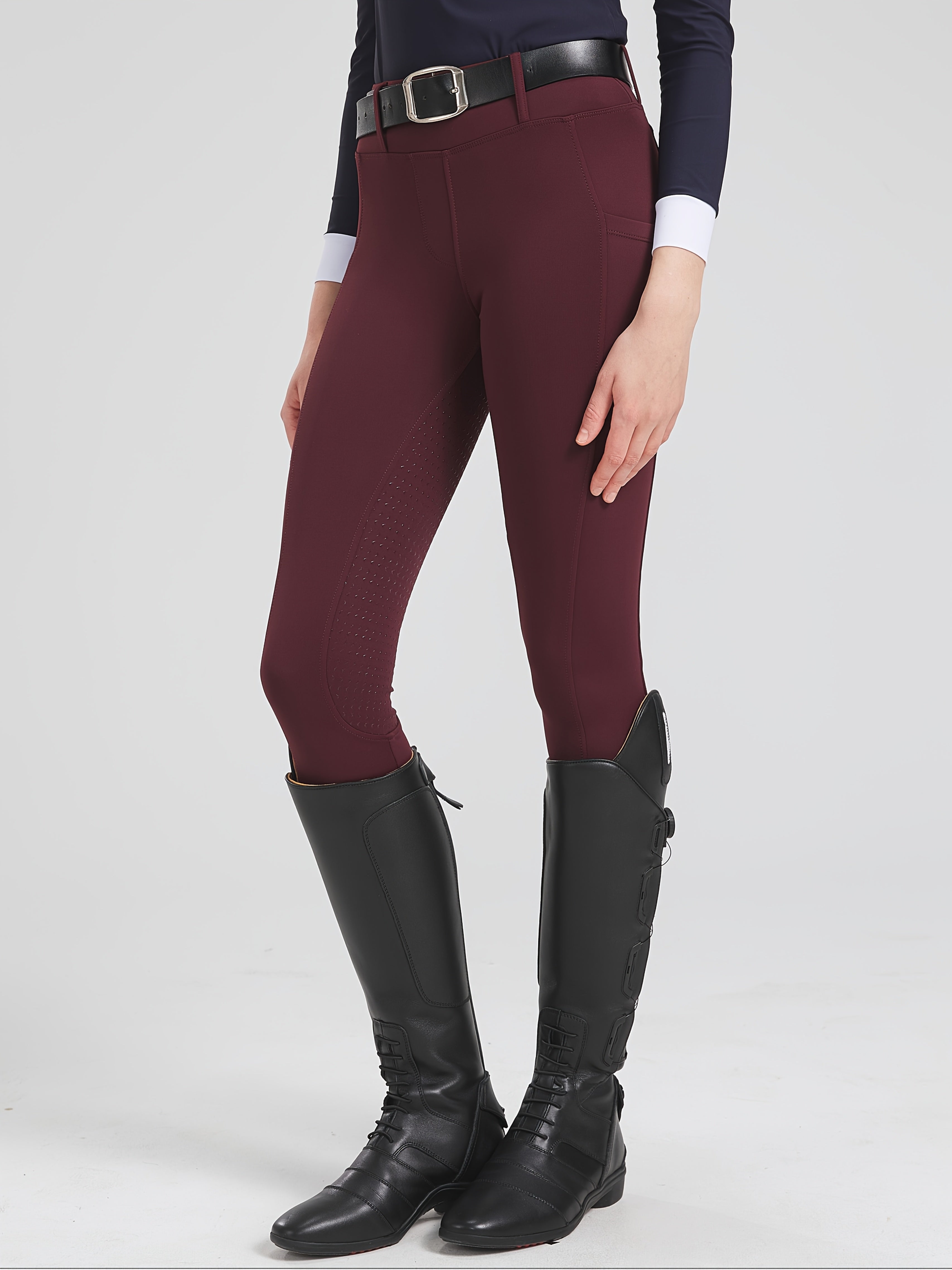High-Elasticity Brushed Fabric Equestrian Pants with Silicone Grip, All-Season Horse Riding Tights with Pockets, Breathable and Durable