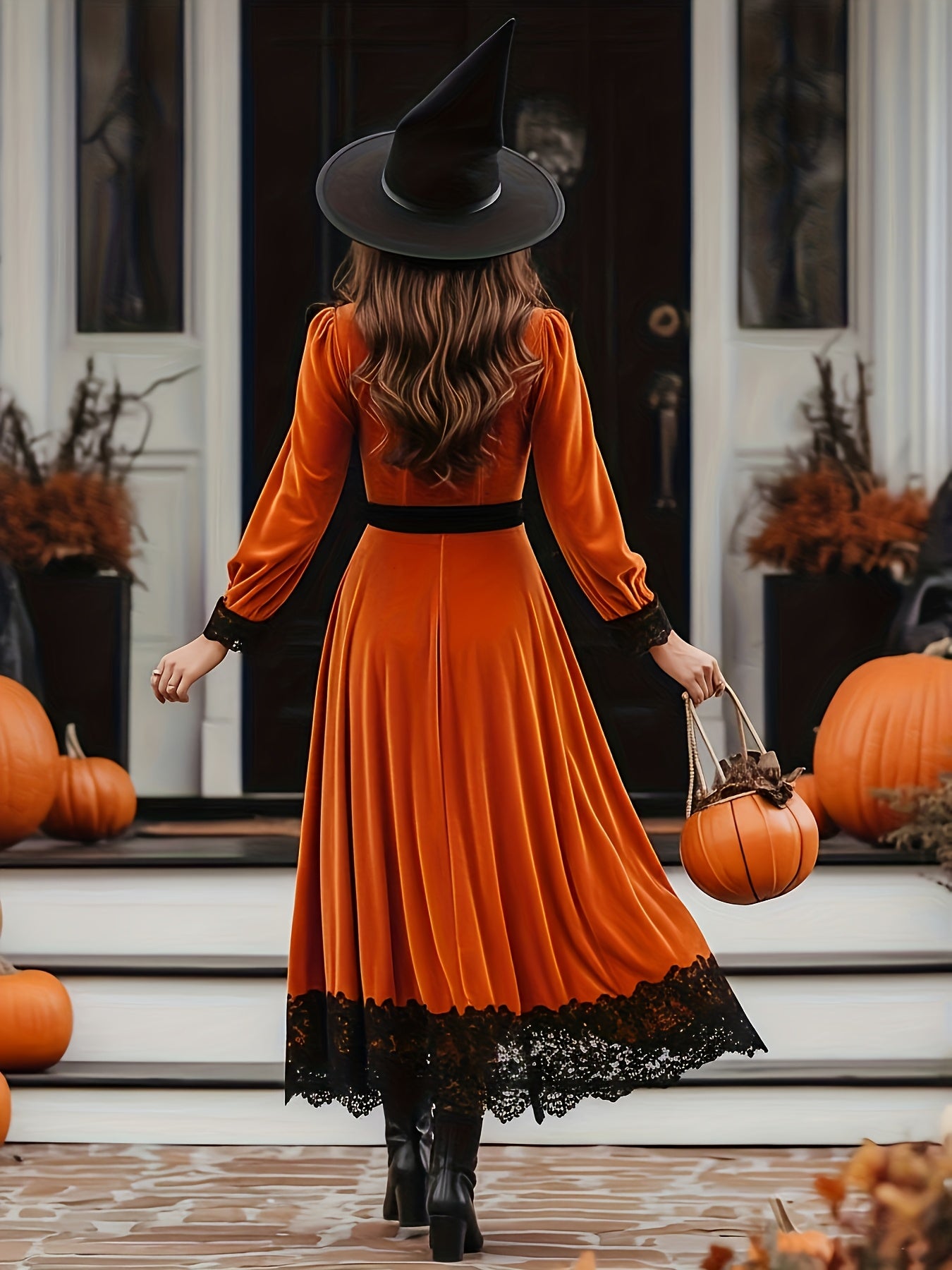 Women's Elegant Vintage Gothic Lace Victorian-Inspired Maxi Dress with & Train - Machine Washable Orange & Black Contrast Long Sleeve Party Dress for Halloween, Autumn Events, Themed Costume Parties - Structured Waist & Flowi