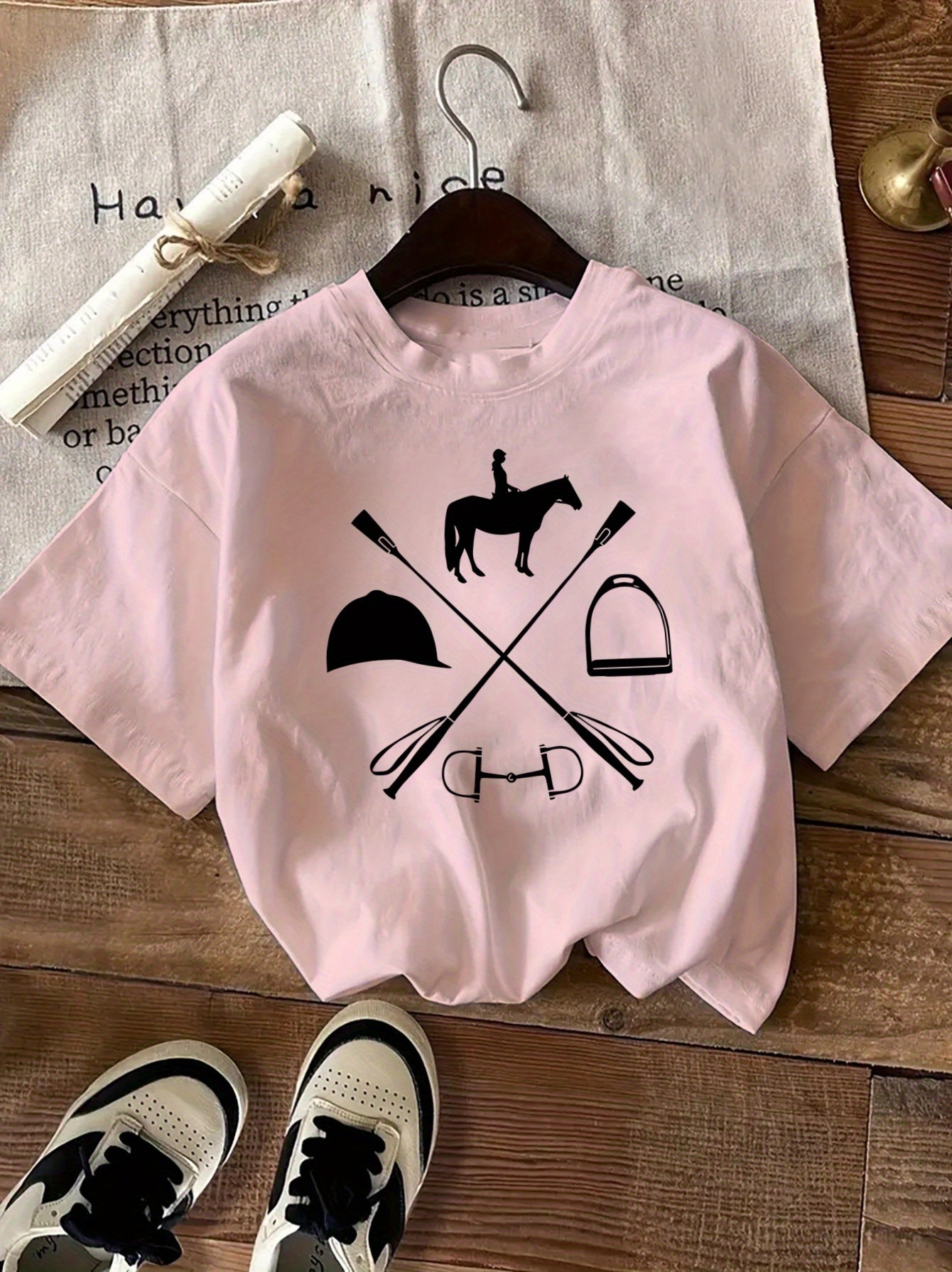 Women's Equestrian & Geometric Print Short Sleeve Crew Neck T-Shirt - Vibrant Red with Black Horseback Riding Design, Breathable Machine-Washable Casual Top for Summer, Spring & All-Season Wear, Horse Shirt, Summer Fashion, S