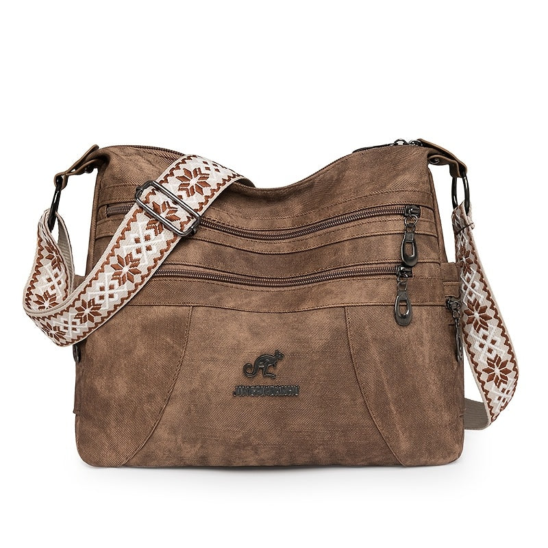 Vintage Style Women'S Shoulder Bag with Adjustable Strap, Multiple Zip Compartments, Synthetic Faux Leather, Polyester Lined - Available in Khaki, Black, Blue, Dark Green, Occasion Theme with Occasion Closure