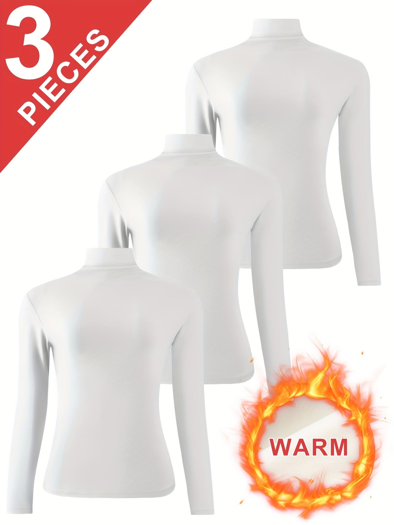 [3pcs Women'S Thermal Base Layer Tops] 3-Pack Women'S Thermal Base Layer Tops, Polyester Knit Warm Half-Turtleneck Shirts for Autumn and Winter