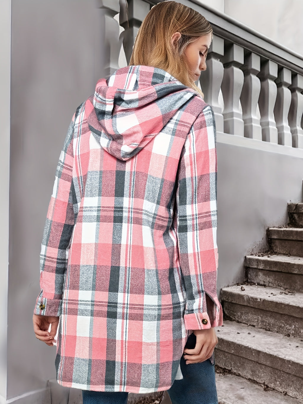 Early Autumn Fashion Retro Loose Hooded Button Sweatshirt Shirt for Women, Soft Contrast Plaid Design with Drawstring and Pockets