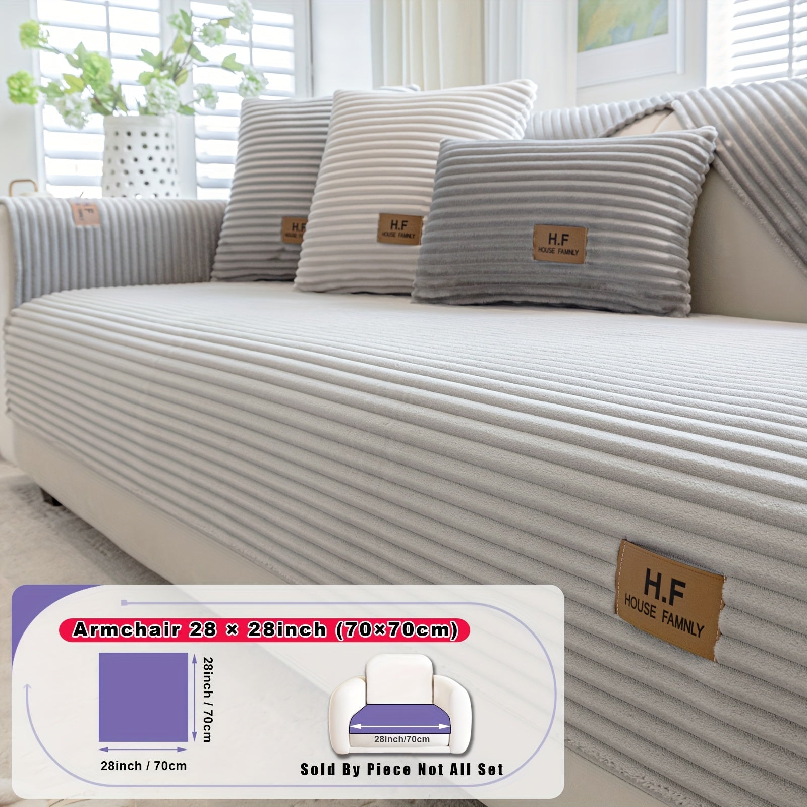 1pc HF Modern Plush Flannel Sofa Cushion Cover - Pet-Friendly Non-Slip Sofa Protector with Striped Design & Leather-Like Patches, Machine Washable Furniture Cover for 3/2/4-Seater, Living Room, Bedroom, Office Decor, Bedroom