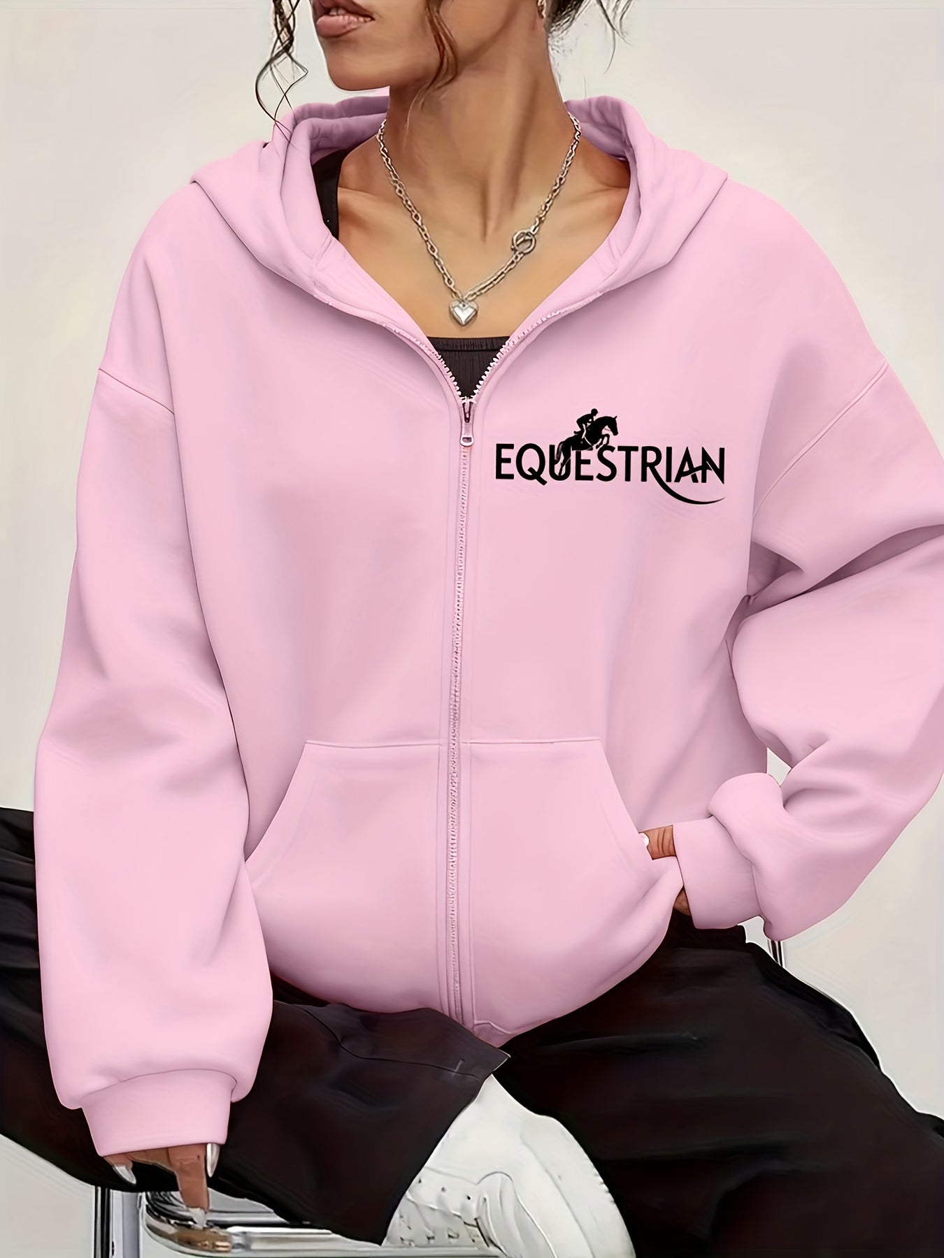 Women's Equestrian Print Hooded Zip-Up Jacket - Horse Head & Lettering Design, All-Season Casual Sportswear Coat, Machine Washable Relaxed Fit Outerwear for Horseback Riding & Everyday Use