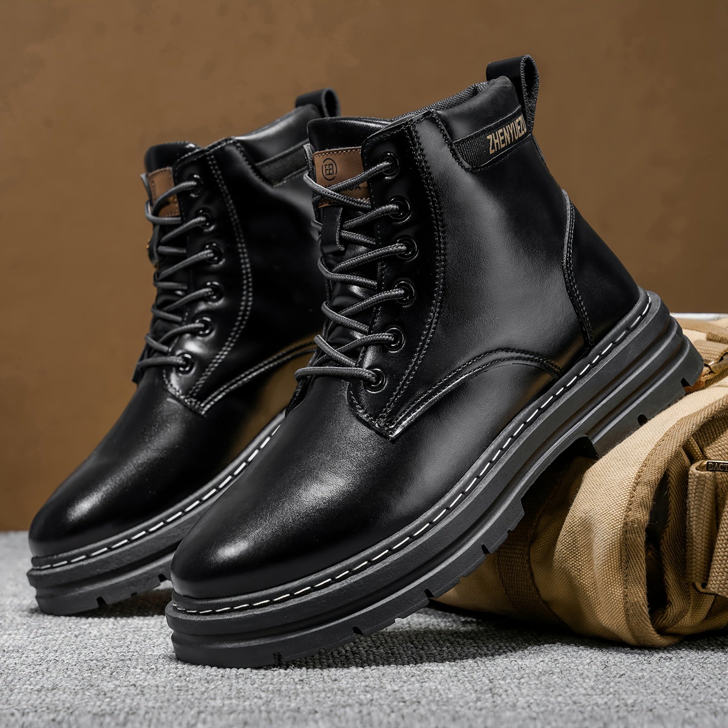 Stivali Uomo Alti Stile British College - Tan/Marrone con Allacciatura