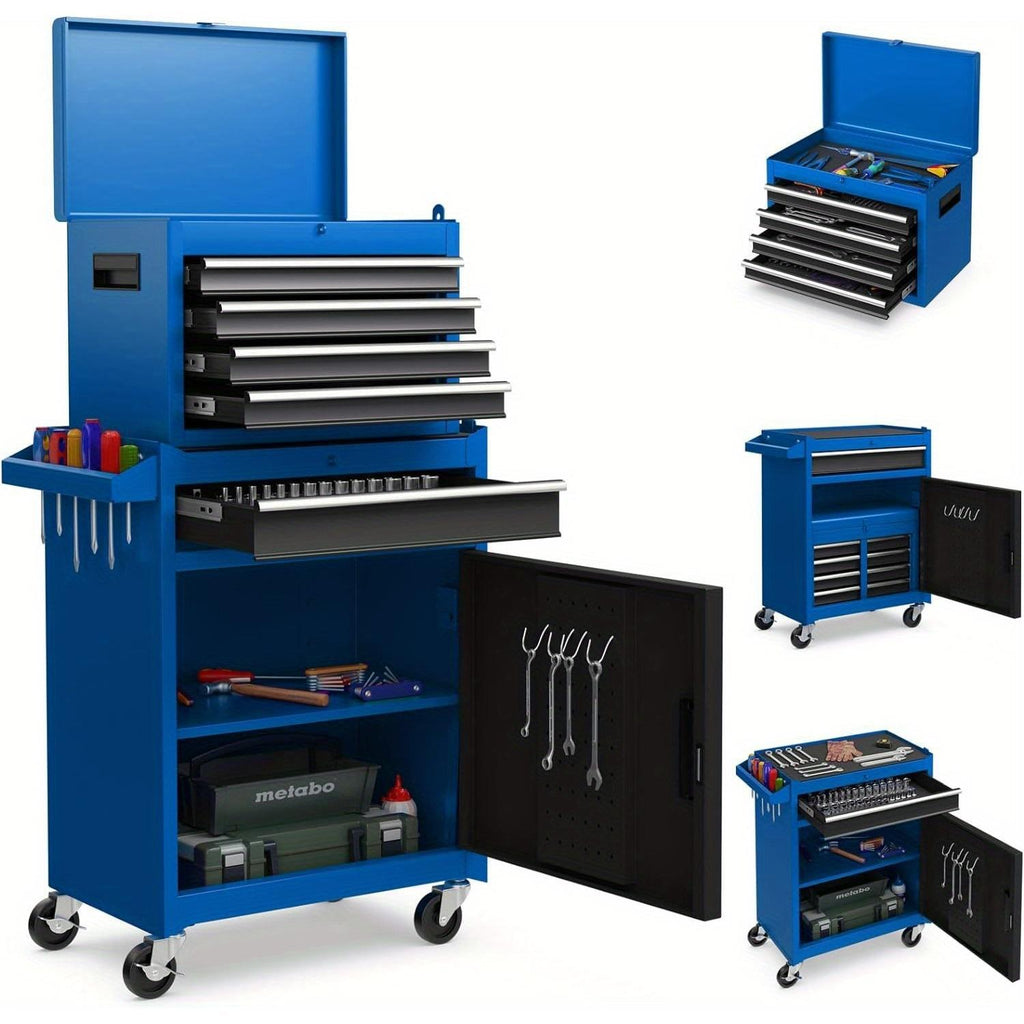 Heavy-Duty Industrial Workshop Trolley - Lockable Mobile Tool Cabinet with 2-in-1 Storage Case, Heavy-Duty Metal Construction, 8 Compartments (5 Drawers + Open Shelf), Lockable Wheels, Adjustable Shelf - for Garage, Workshop,