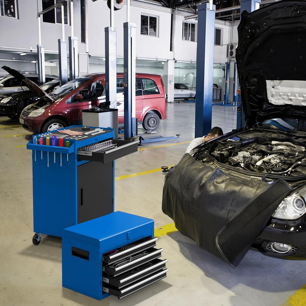 Heavy-Duty Industrial Workshop Trolley - Lockable Mobile Tool Cabinet with 2-in-1 Storage Case, Heavy-Duty Metal Construction, 8 Compartments (5 Drawers + Open Shelf), Lockable Wheels, Adjustable Shelf - for Garage, Workshop,