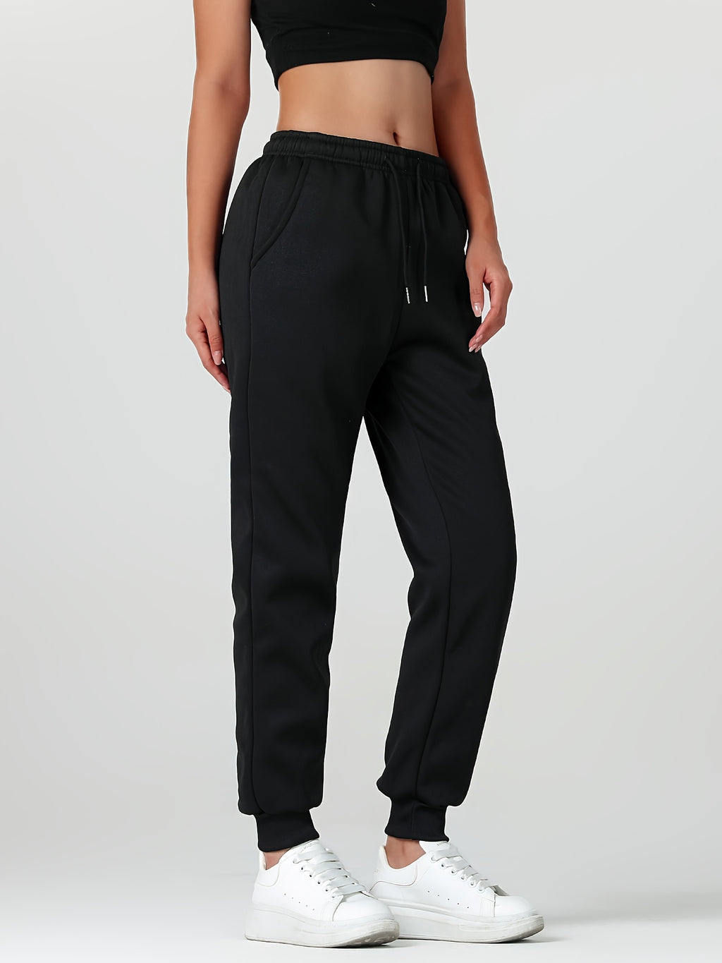 1pc Autumn Winter Women's Long Pants, Fleece-Lined Warm Casual Sports Trousers with Elastic Drawstring Waist, Slant Pockets, Windproof Thermal Cuffed Pants for Winter Daily Home Outing Hiking Leisure Wear