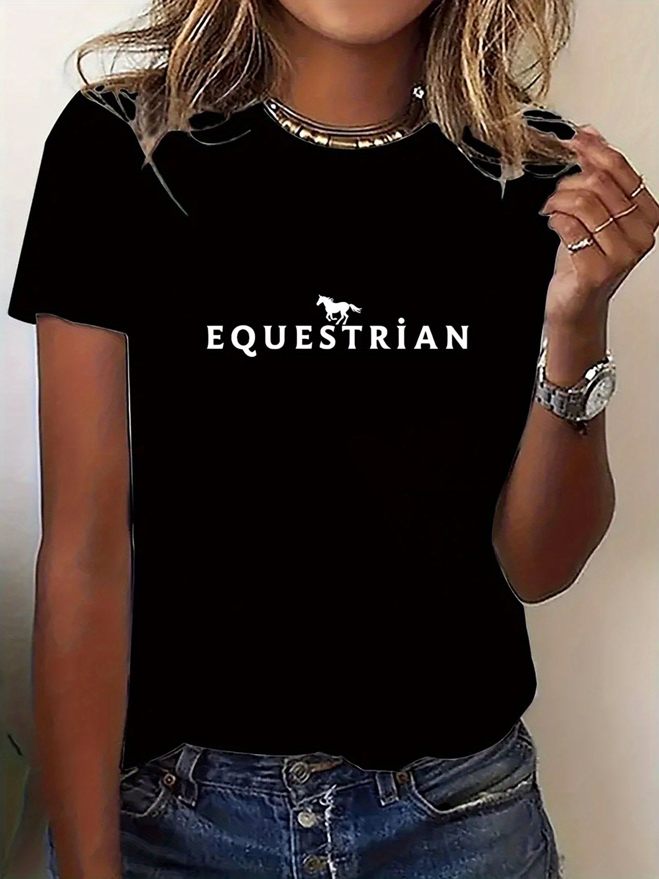 Women'S Equestrian Graphic T-Shirt - Black with Bold Equestrian Text - Stretchy Comfort Fit Horseback Riding Tee for Women - All-Season Casual Everyday & Riding Apparel - Equestrian Clothing, Horse Tshirt, Round Neckline Shir