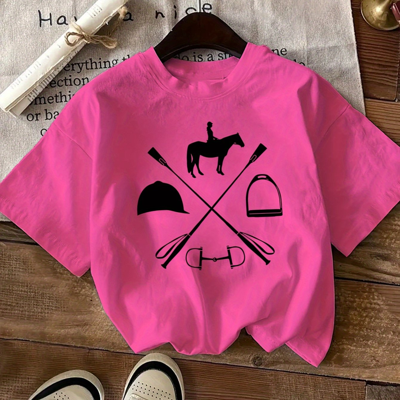 Women's Equestrian & Geometric Print Short Sleeve Crew Neck T-Shirt - Vibrant Red with Black Horseback Riding Design, Breathable Machine-Washable Casual Top for Summer, Spring & All-Season Wear, Horse Shirt, Summer Fashion, S