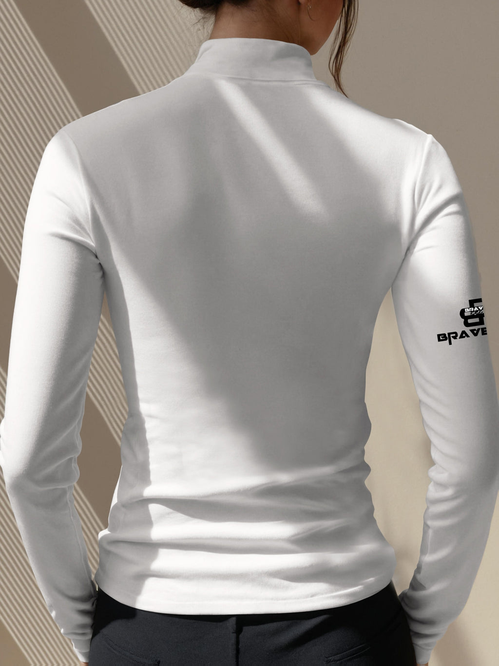 Women's Thermal Turtleneck Sweater Shirt - Long Sleeve White Base with Black Collar & B-Fit Logo Print, Slim-Fit Winter Layering Top, Hand Washable Stretchy -like Texture for Office, Casual & Cold Weather (No Bulk)
