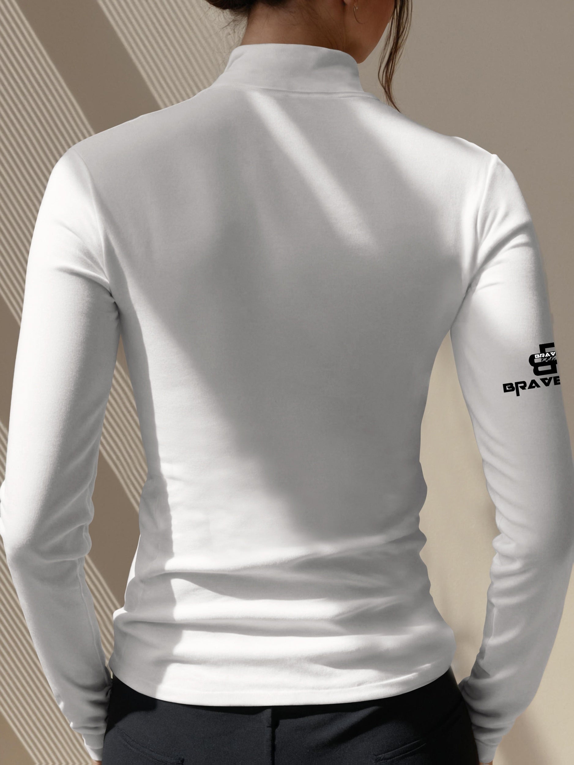 Women's Thermal Turtleneck Sweater Shirt - Long Sleeve White Base with Black Collar & B-Fit Logo Print, Slim-Fit Winter Layering Top, Hand Washable Stretchy -like Texture for Office, Casual & Cold Weather (No Bulk)