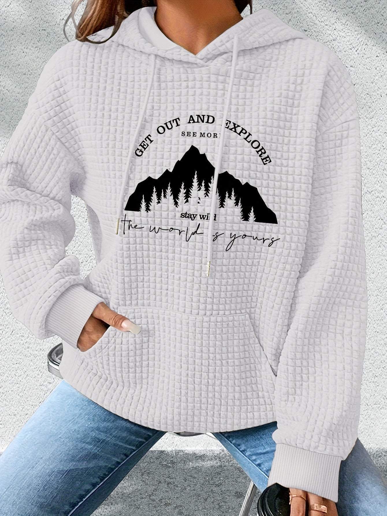 graphic print hoodie, drawstring casual hooded sweatshirt for winter & fall, Women's clothing, Loungewear, Winter Fashion, Urban Style, Geometric Pattern, Cozy Fabric, Quality Stitching, Unisex Style, Printed Hoodie, Women's