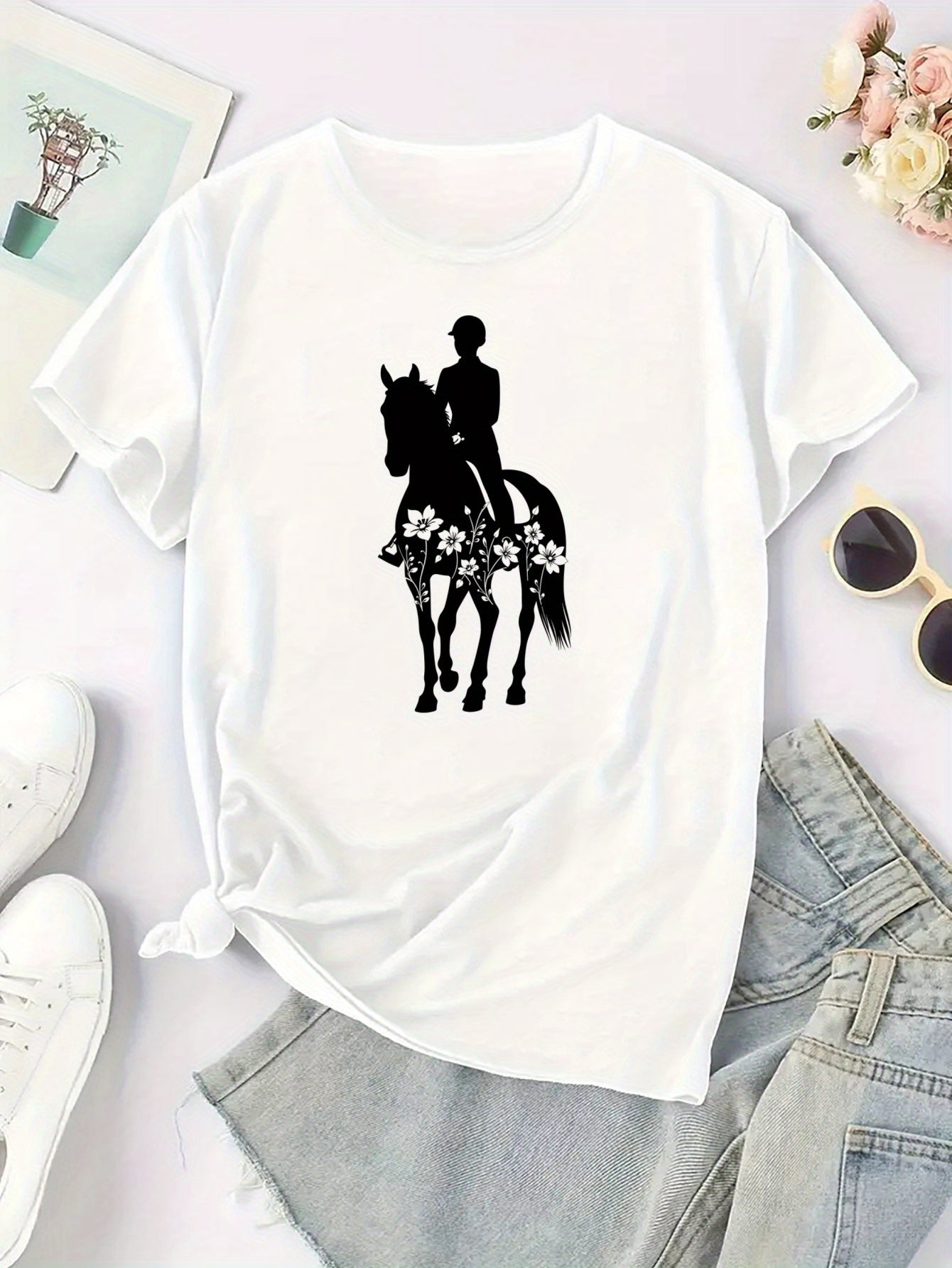 Women'S Equestrian Graphic Tee - Soft Breathable Quick-Dry Polyester Blend T-Shirt, Black with White Horseback Rider Design, All-Season Casual Shirt for Horseback Riding, Everyday Outfits & Themed Events - Easy Care Round Nec