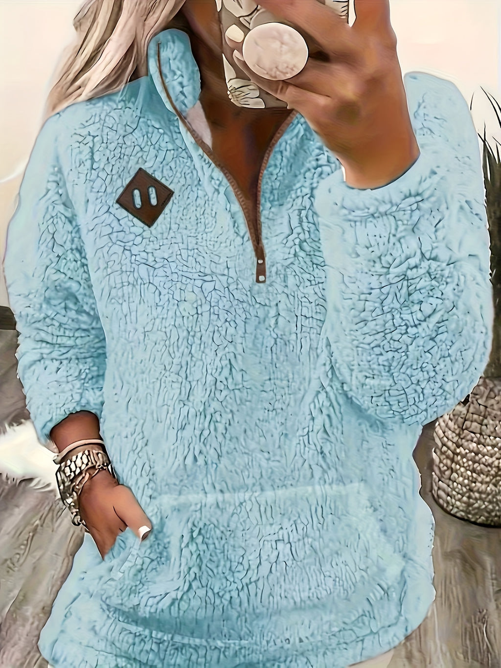 Women'S Cozy Fleece Zip-Up Sweatshirt with Stand Collar - Light Blue, Long Sleeve, Casual Fall/Winter Pullover, Soft & Warm, Perfect for Casual Attire, Casual Winter Wear | Stand Collar Sweatshirt | Zippered Pullover, Sweater