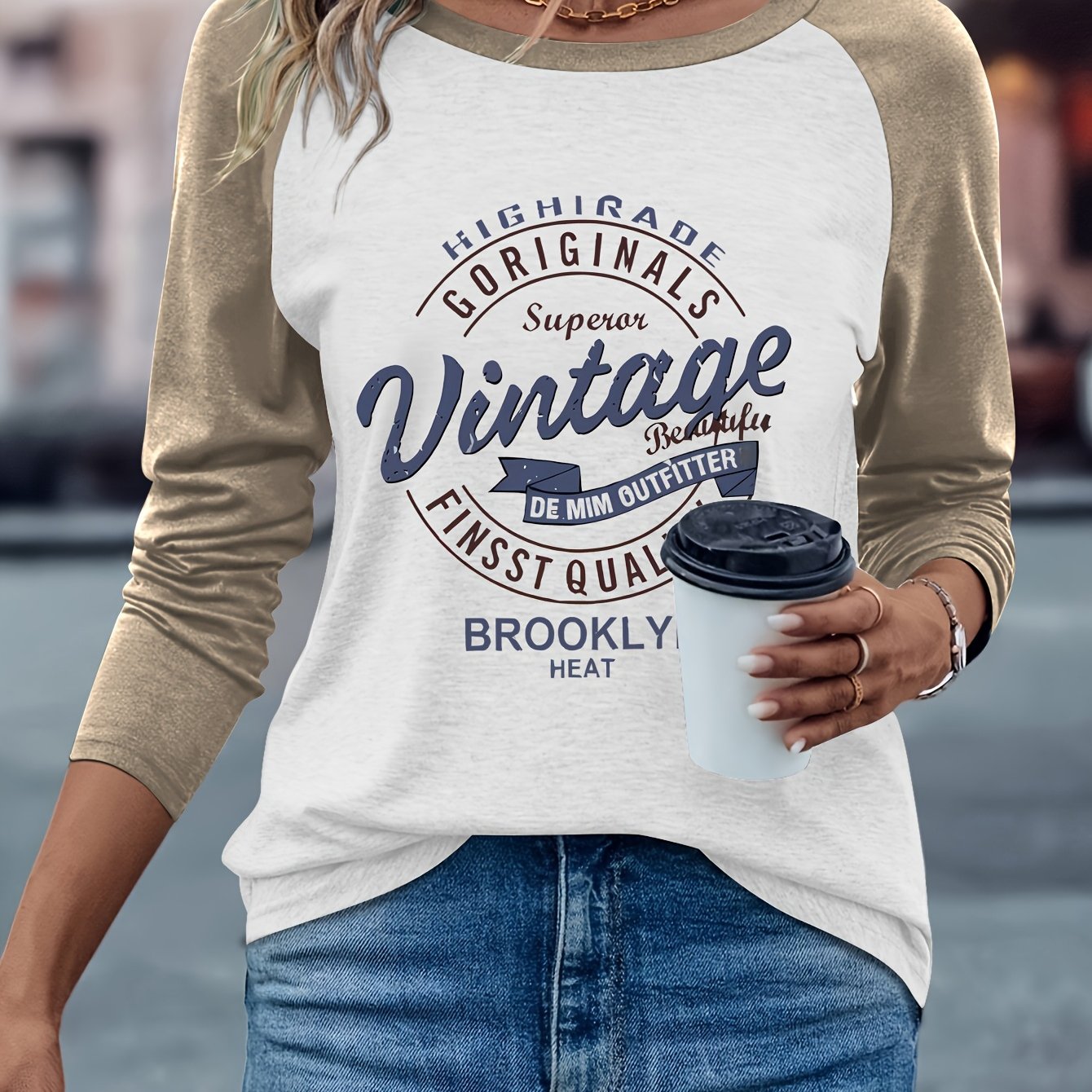 Women's Casual Long Sleeve Crew Neck T-Shirt - Vintage Brooklyn Letter Print, Heather Gray & Beige Color Block, Machine Washable Spring/Fall Top